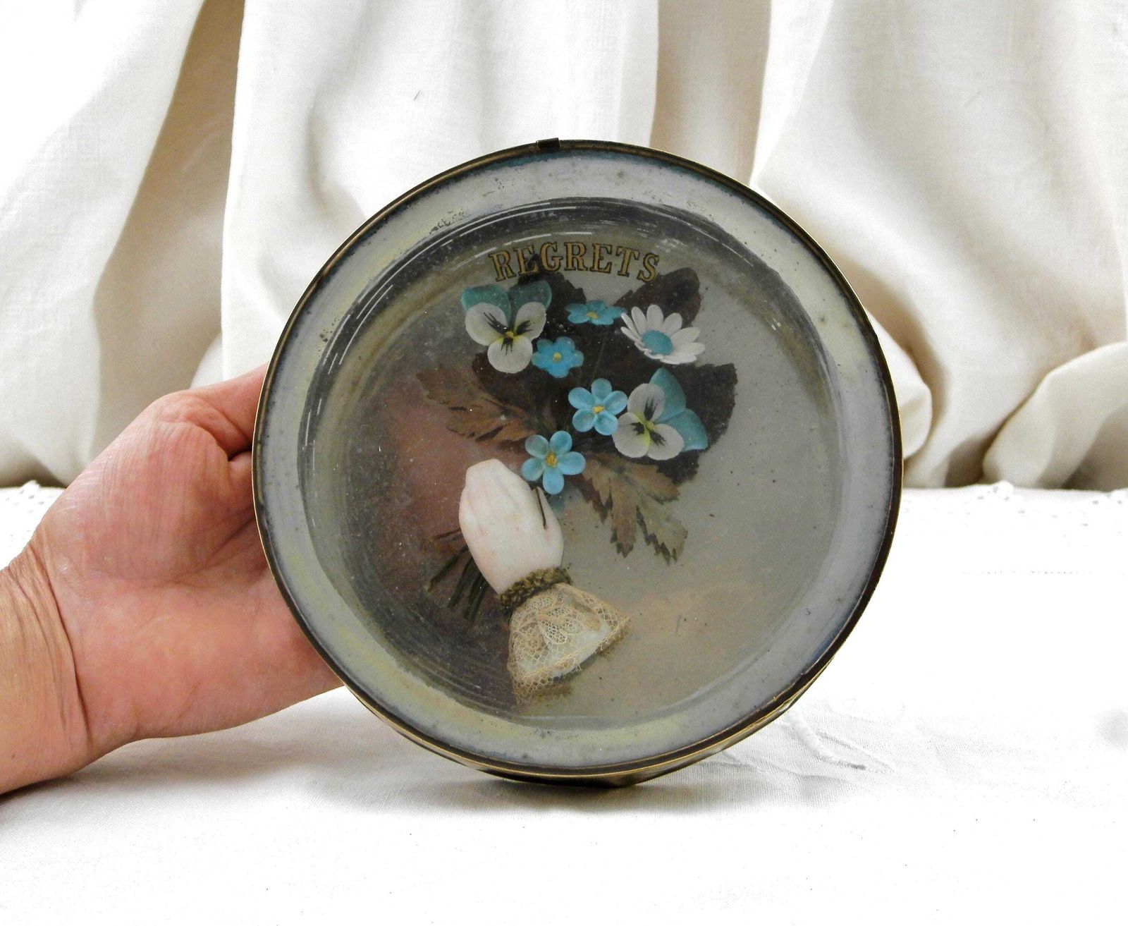 Antique French Round Mourning Shadow Box With Hand And Blue Flowers, Retro 3d Wall Hanging Funeral Picture, Souvenir And Regrets From France photo furniture