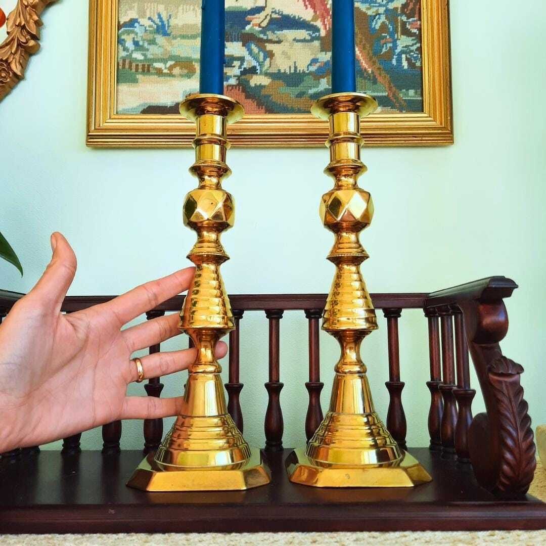 Large Pair Of King Of Diamonds Brass Candlesticks Pair H 11.7, Antique Tall Brass Candleholders