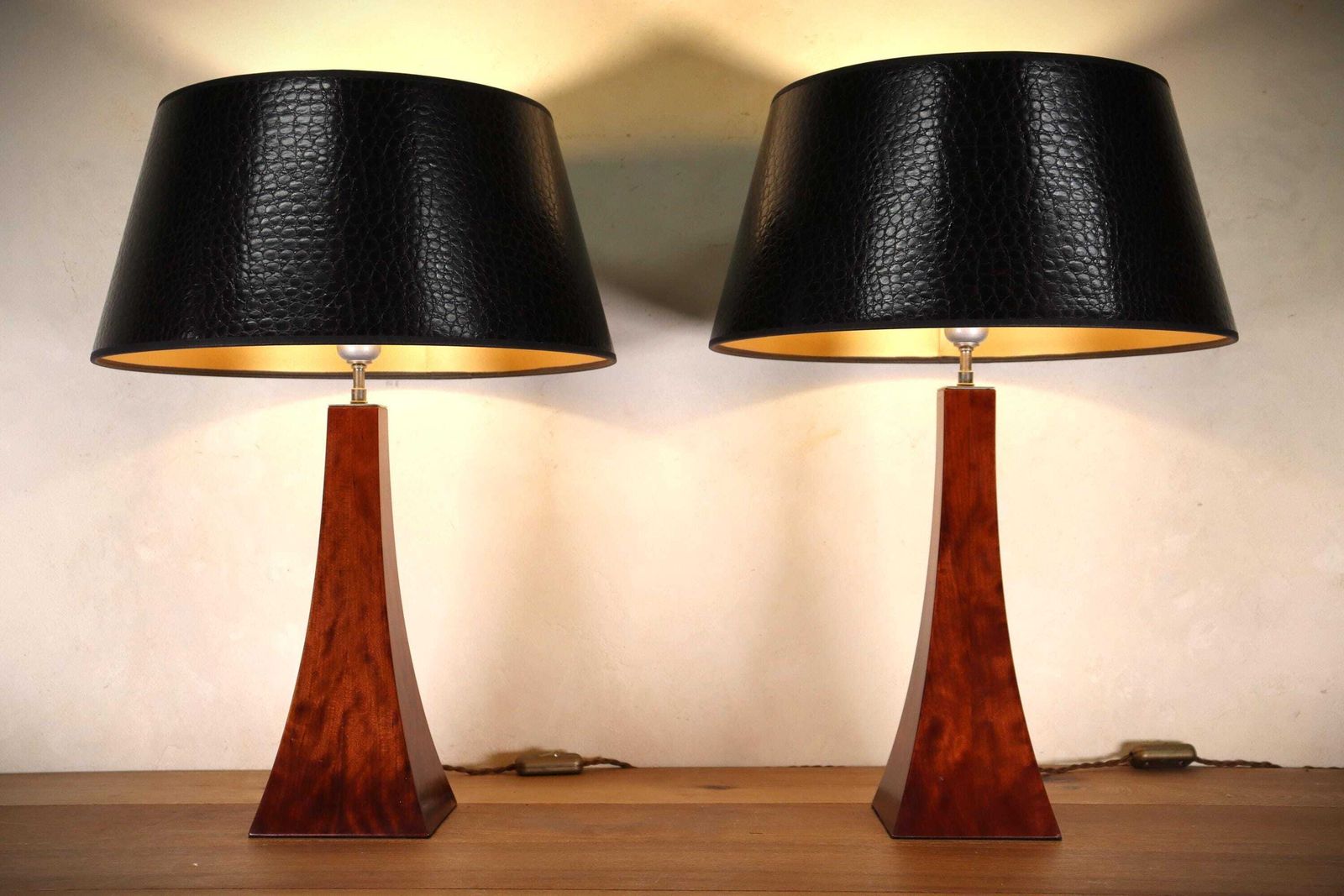 Set Of Vintage Hollywood Regency Burlwood Imitation Table Lamps , 1980's (St.257)