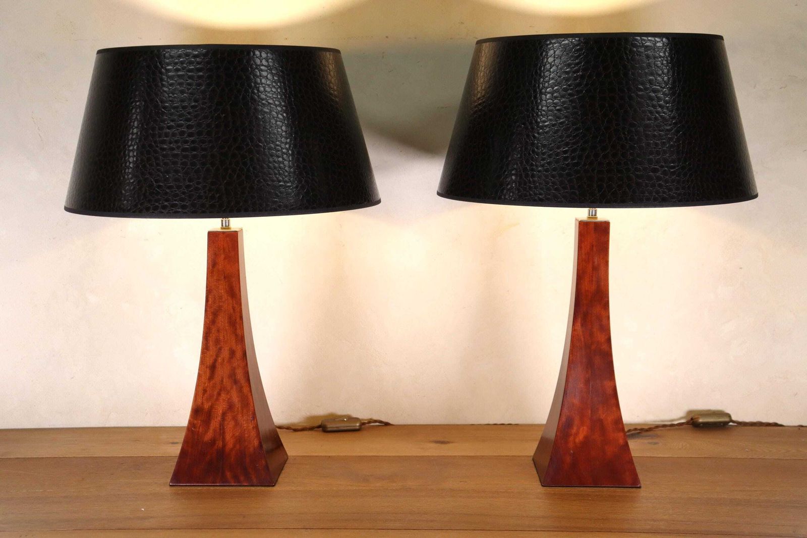 Set Of Vintage Hollywood Regency Burlwood Imitation Table Lamps , 1980's (St.257) photo for sale