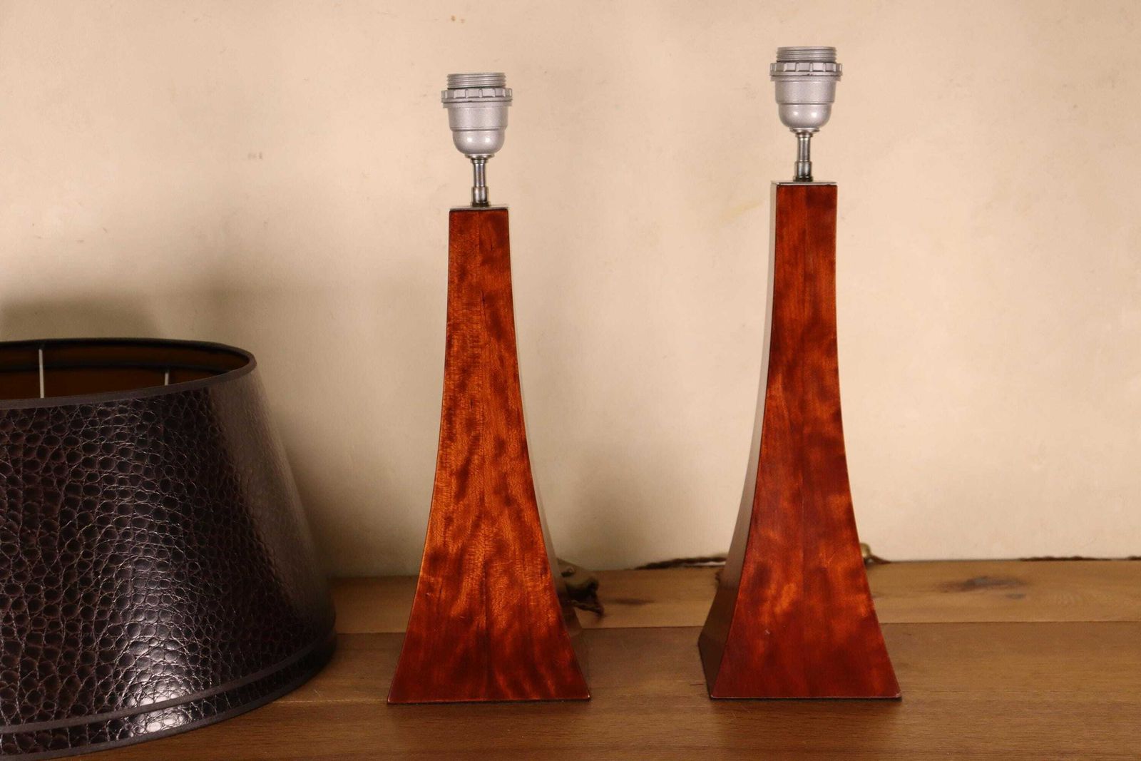 Set Of Vintage Hollywood Regency Burlwood Imitation Table Lamps , 1980's (St.257) photo vintage