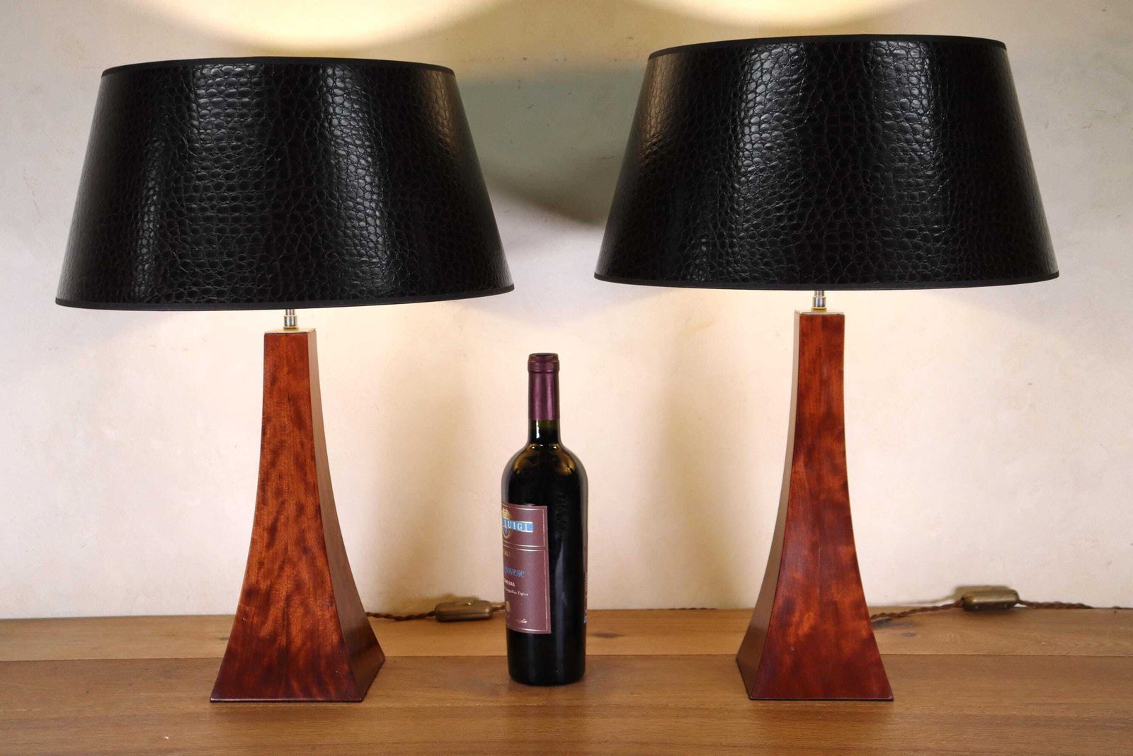 photo furniture Set Of Vintage Hollywood Regency Burlwood Imitation Table Lamps , 1980's (St.257)