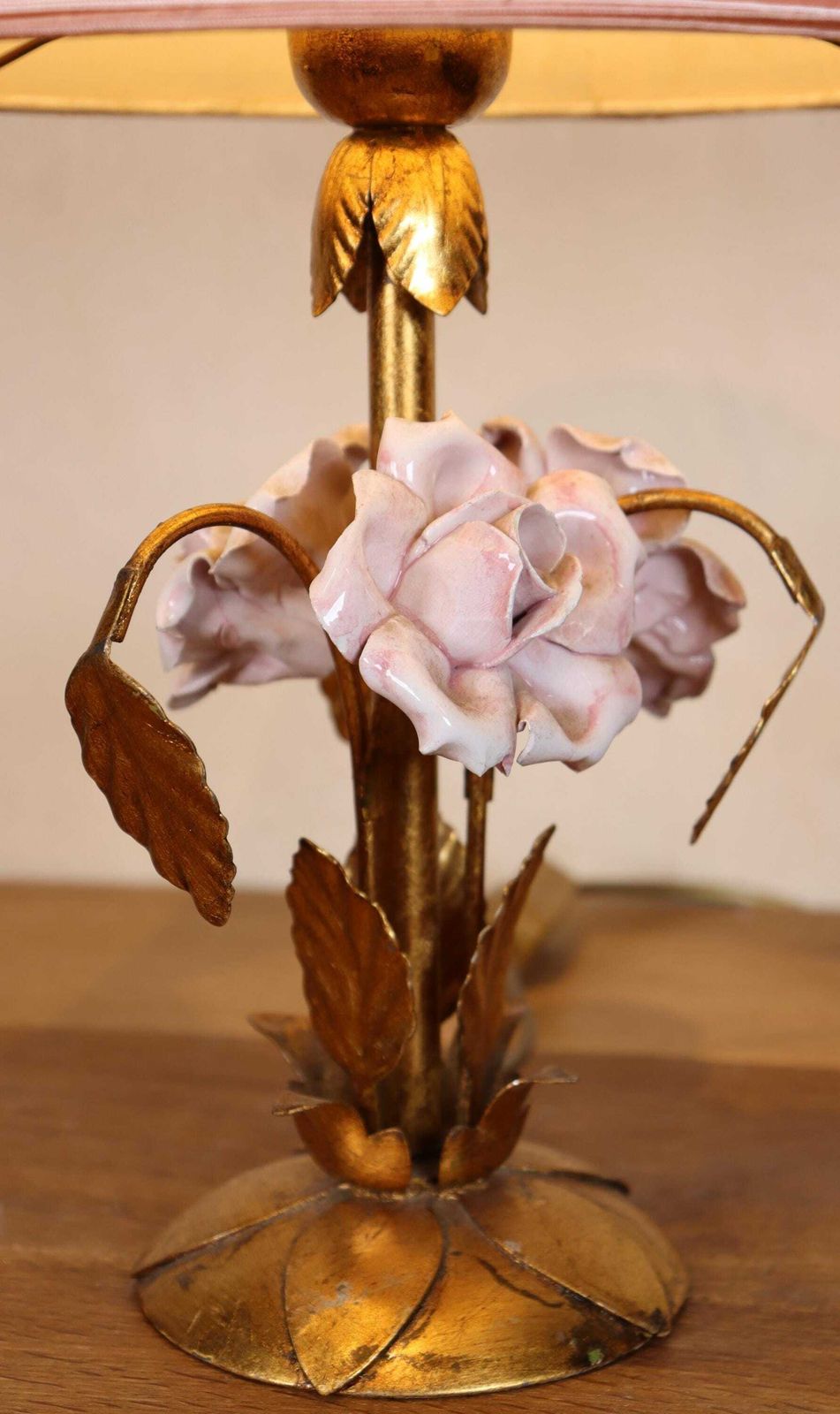 Gilded Porcelain Rose Lamp: Hollywood Regency Desk Or Table Lamp (St.245) photo Lighting