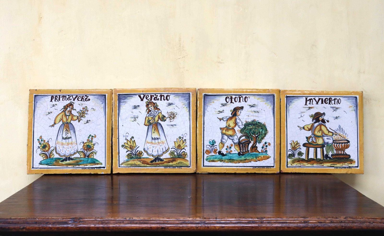 Set Of Four Spanish Vintage Antique Style Tiles , Depicting The Four Seasons (St.265) photo furniture