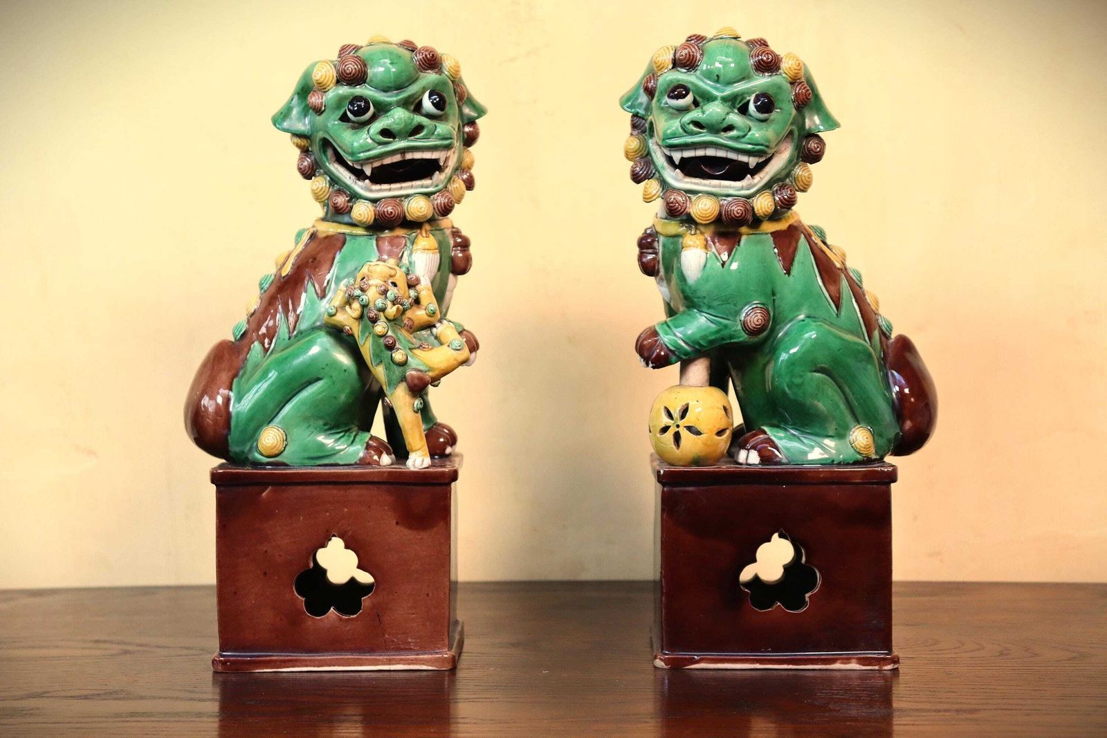 Antique Sancai Foo Dogs, 19th Century Buddhist Lions Pair (St.267) photo furniture
