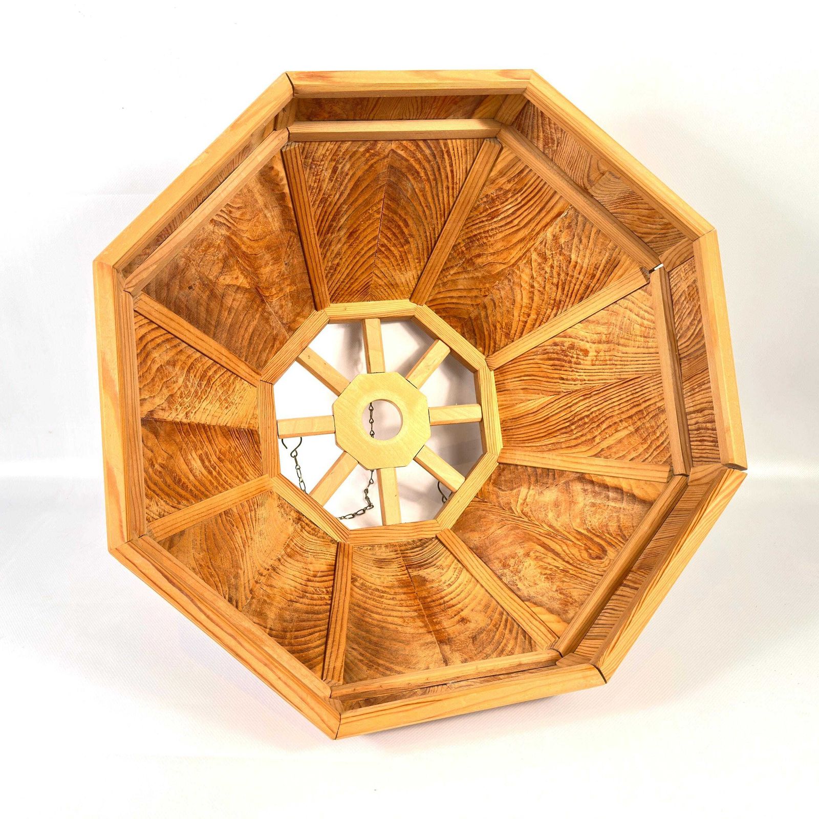 Scandinavian Wooden Ceiling Lamp Shade – 1970s Geometric Pine Pendant Light photo vinterior