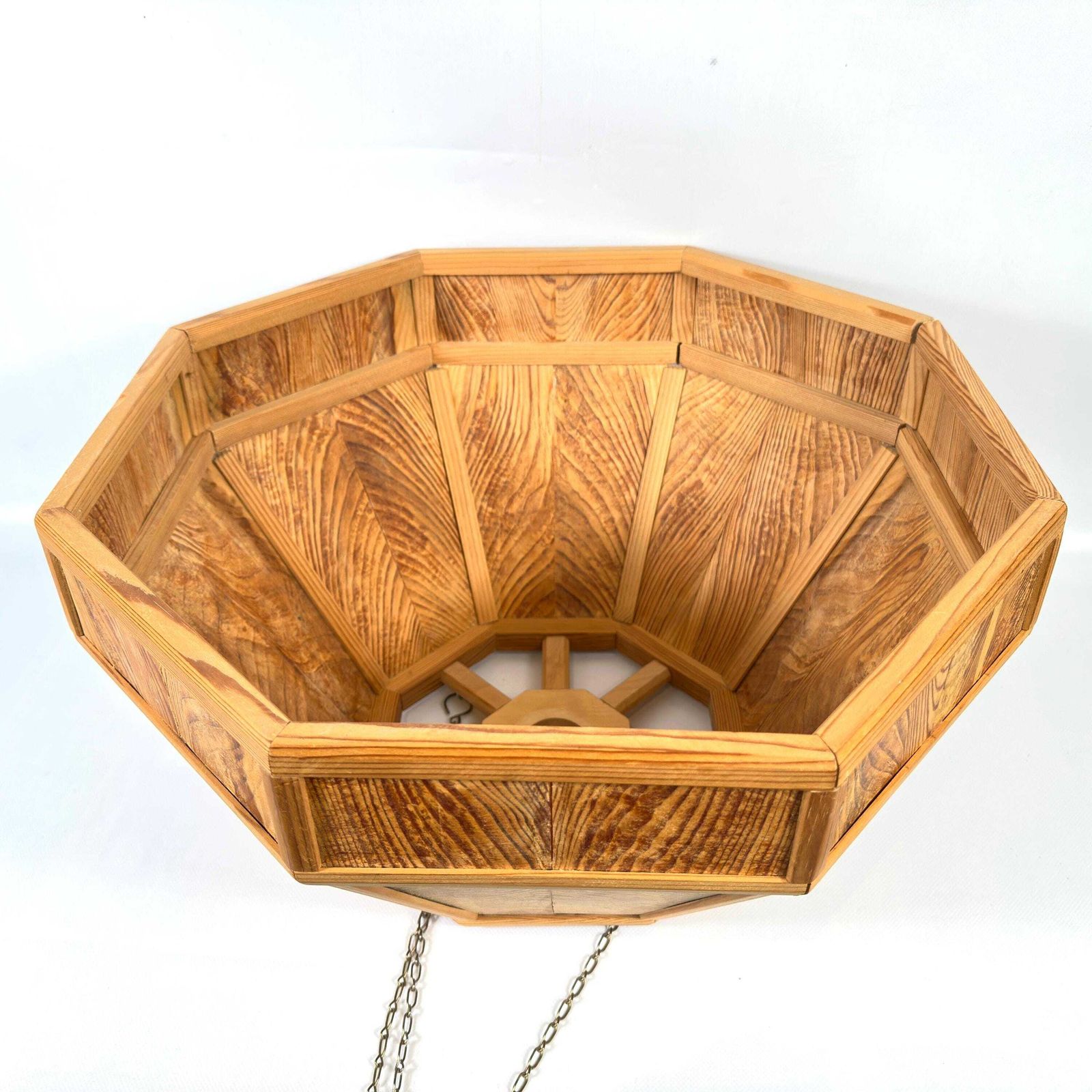 Scandinavian Wooden Ceiling Lamp Shade – 1970s Geometric Pine Pendant Light photo vintage