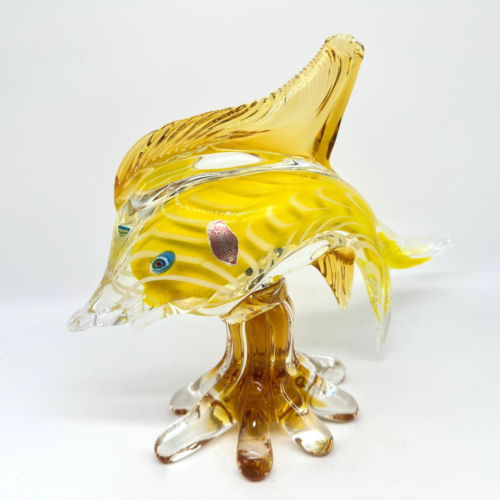 Vintage Murano Glass Tropical Fish Sculpture – Attributed Seguso, Millefiori Detail, 28 Cm