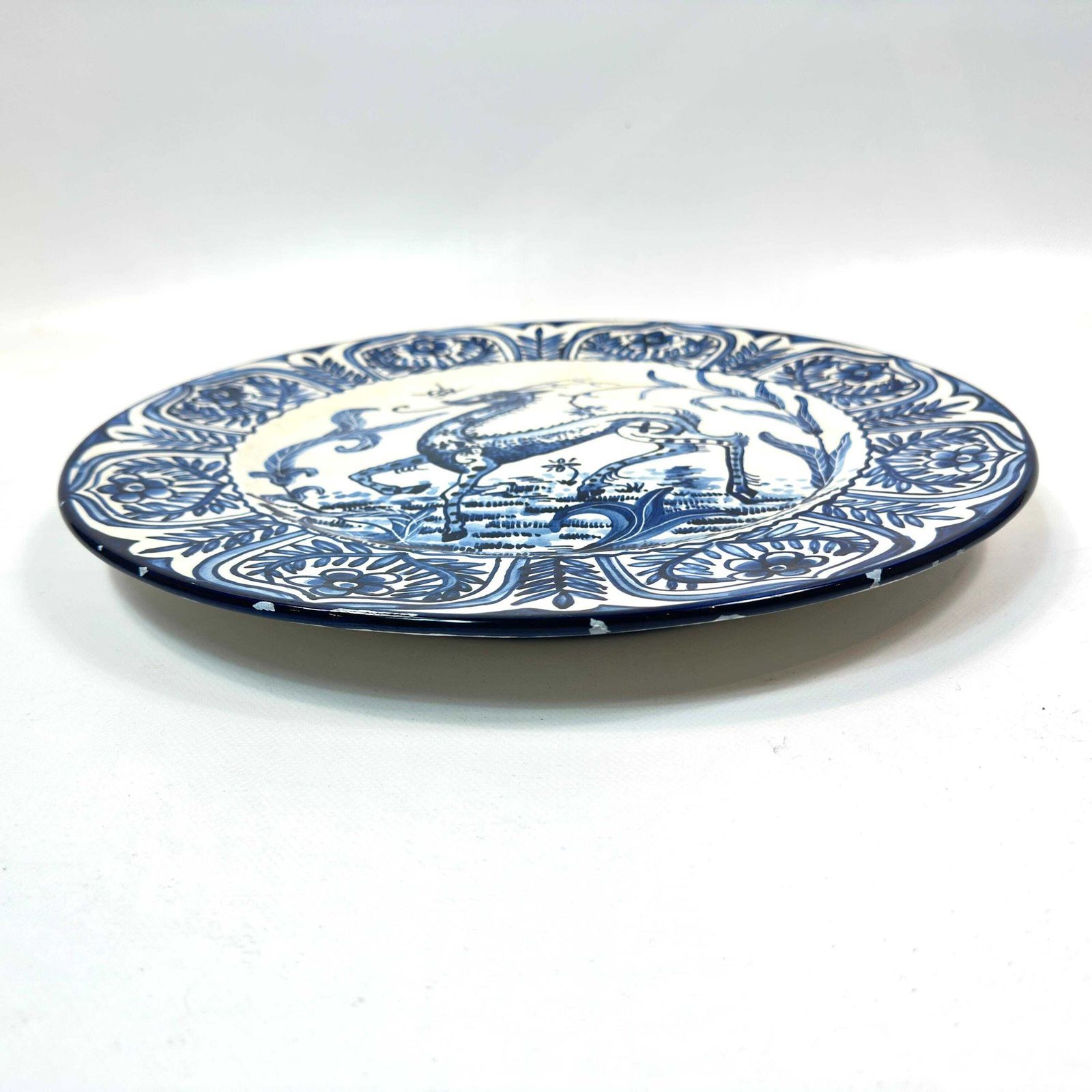 Large Spanish Talavera Style Charger 40 Cm – Blue & White Mythical Deer Wall Plate, Hand Painted, 1940s photo Art