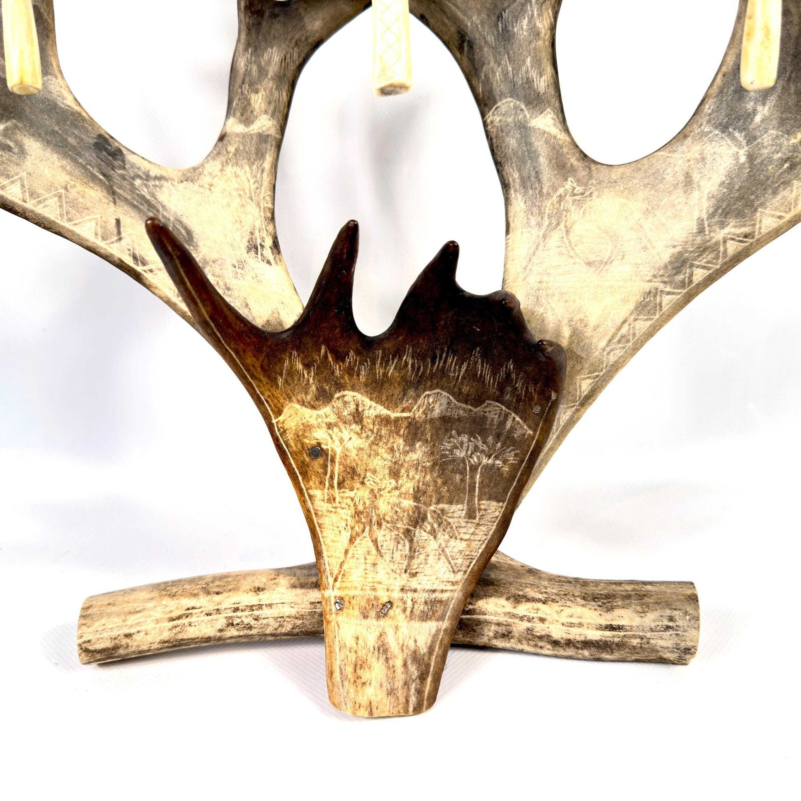 Large Scandinavian Antler Candelabra – Hand Carved Sámi Folk Art, 1940s Lodge Decor photo furniture