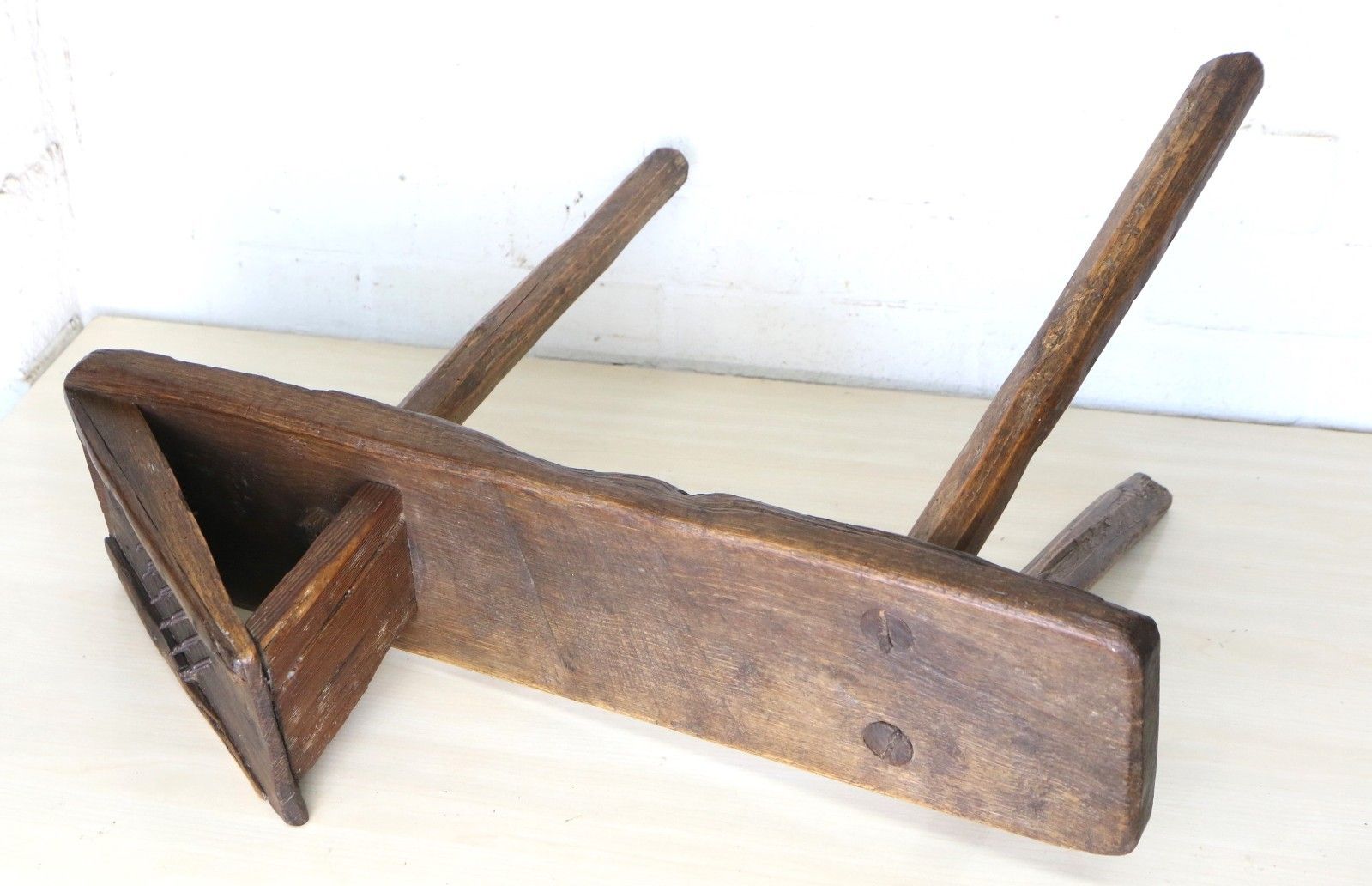 Antique Aged Wooden Stool Wool Shredder Farmhouse Item Rustic Oak 19th Century photo vinterior