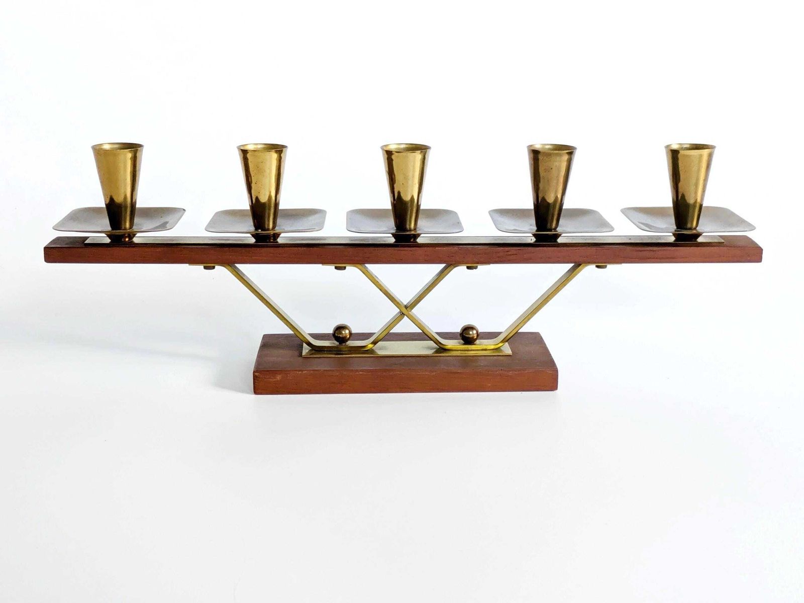 Midcentury Teak And Brass Candelabra: 5 Light German Candle Holder, 1960s Geometric Modern Design photo for sale