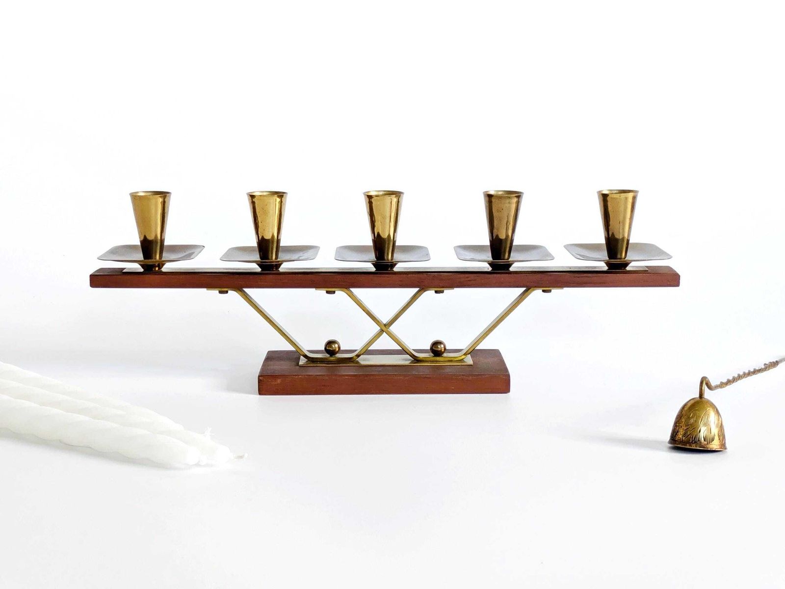photo vinterior Midcentury Teak And Brass Candelabra: 5 Light German Candle Holder, 1960s Geometric Modern Design