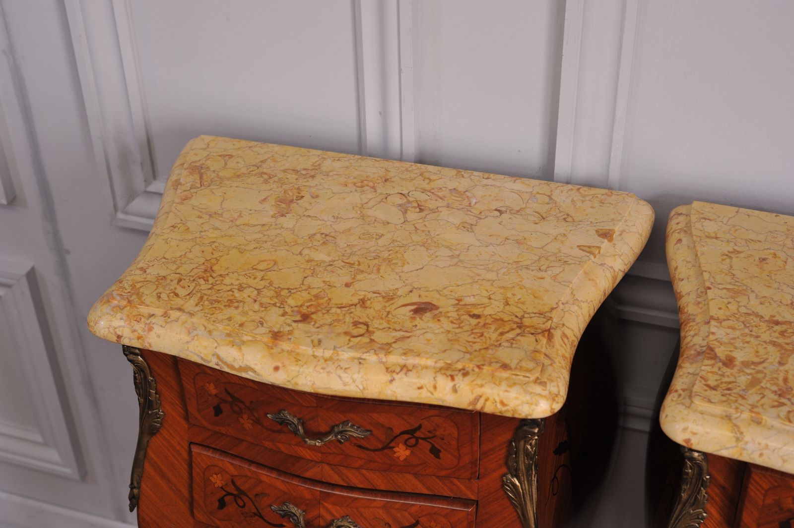 photo for sale Pair Of Vintage French Mid C Louis XV Style Three Drawer Marble Top Cabinets Bedsides