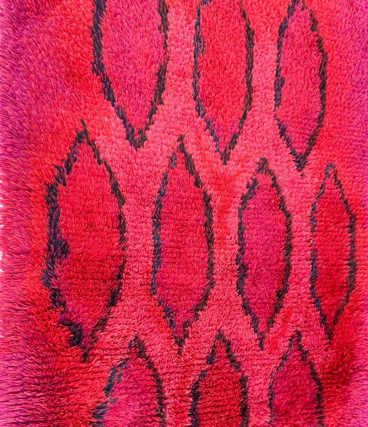 photo for sale Vintage Red Wool Rya Rug Woven Handmade Vintage Scandinavian Design 1970s