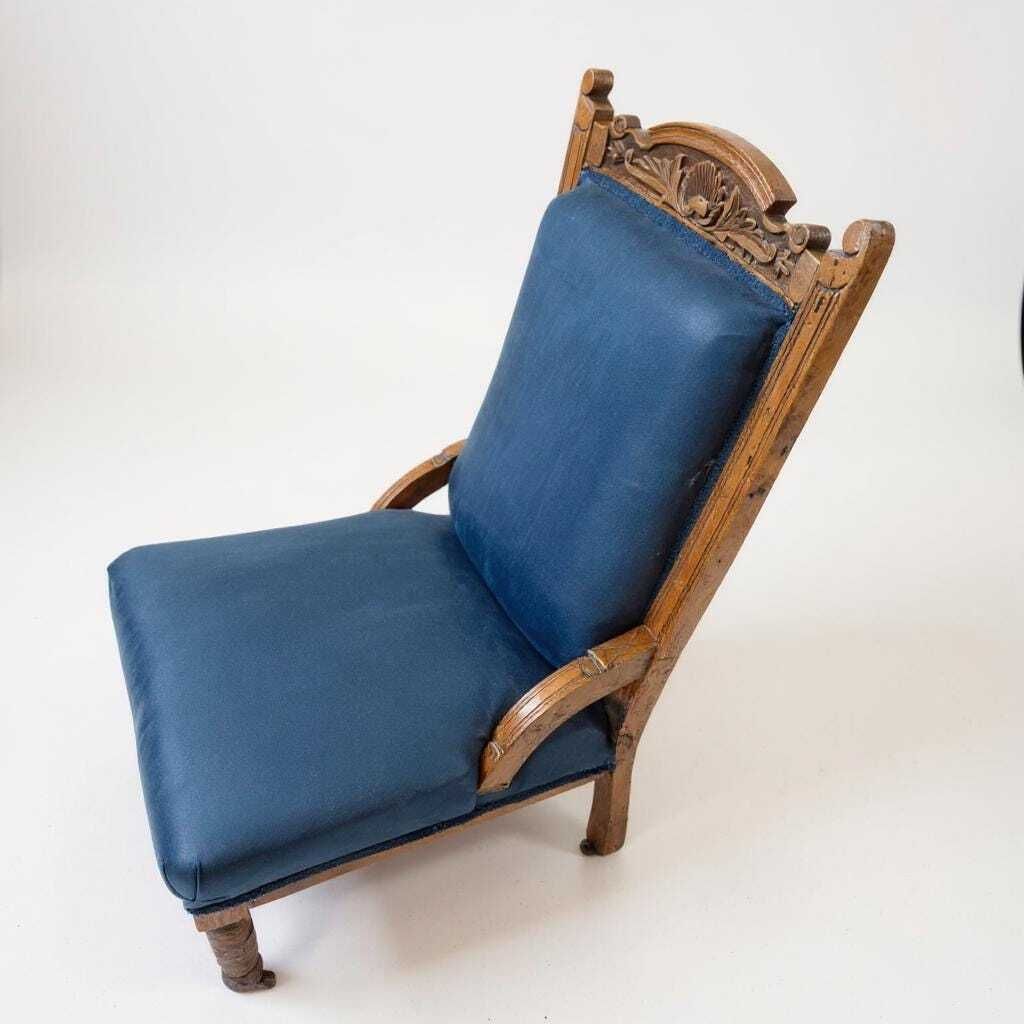 Victorian Oak Nursing Chair With Carved Back & Blue Upholstery photo furniture