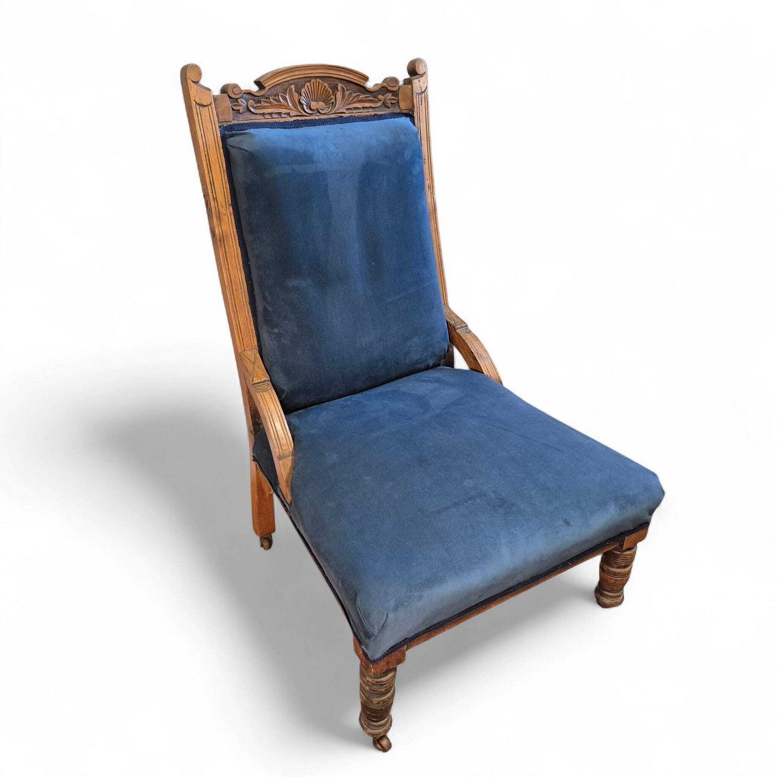 photo for sale Victorian Oak Nursing Chair With Carved Back & Blue Upholstery