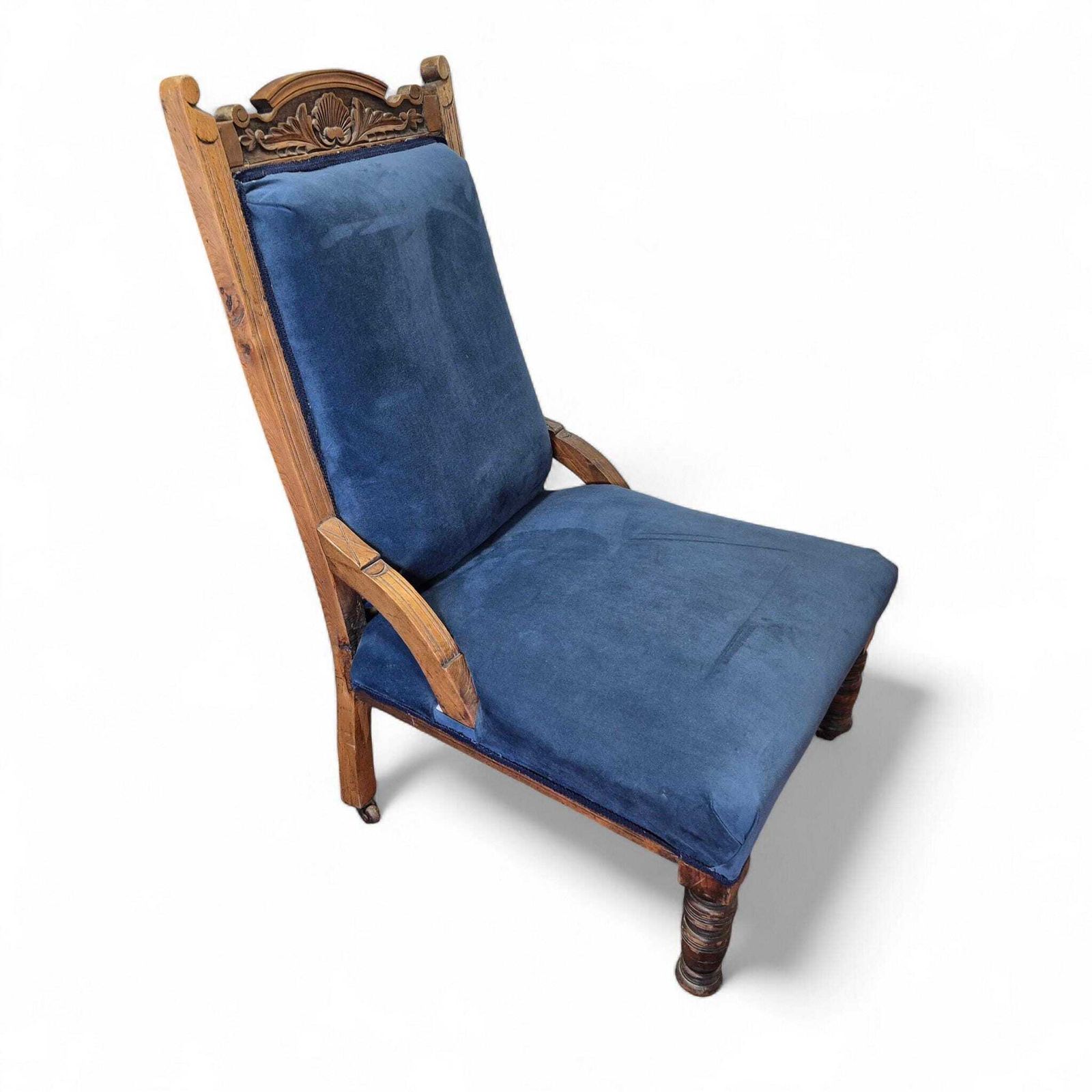 Furniture Victorian Oak Nursing Chair With Carved Back & Blue Upholstery photo