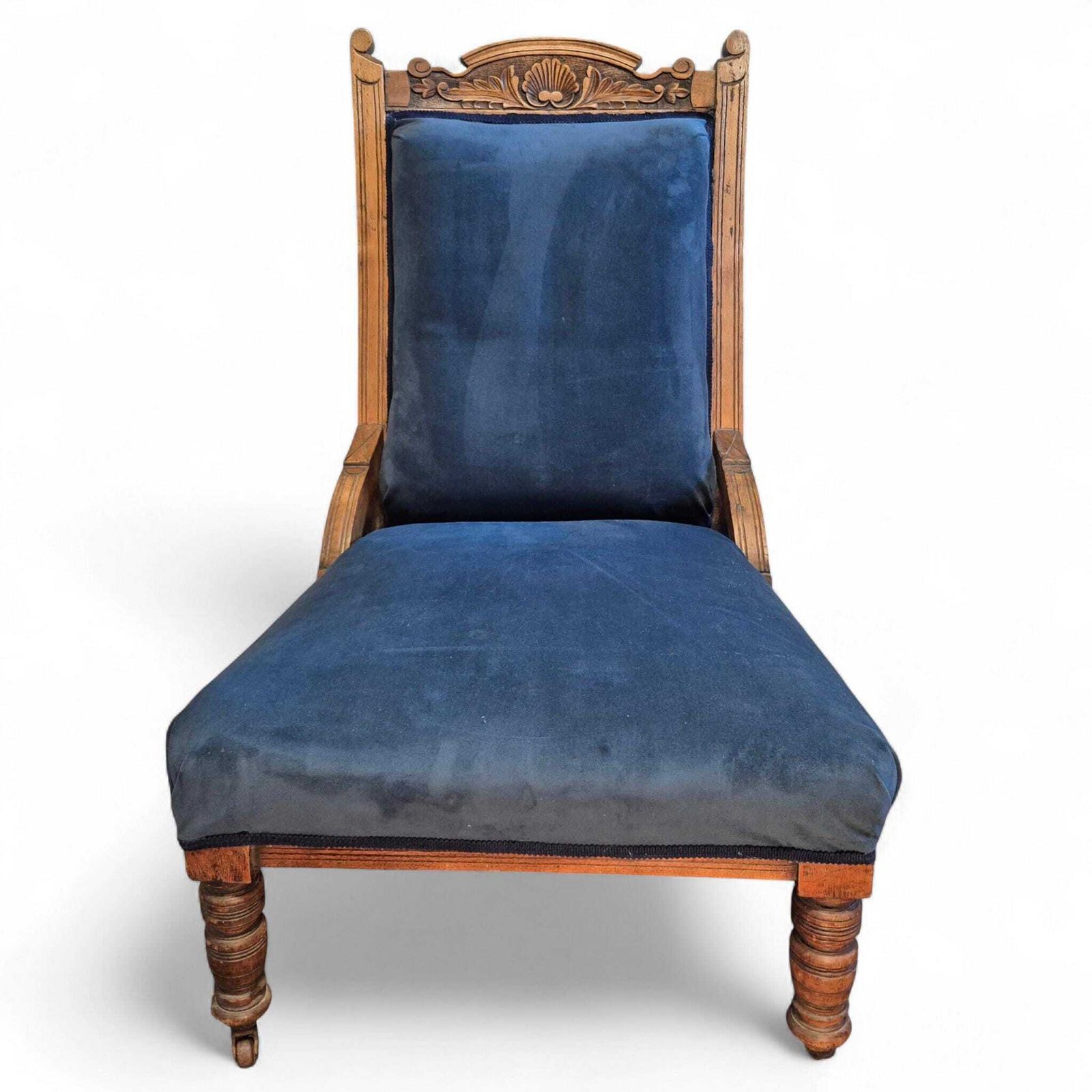 photo buy Victorian Oak Nursing Chair With Carved Back & Blue Upholstery