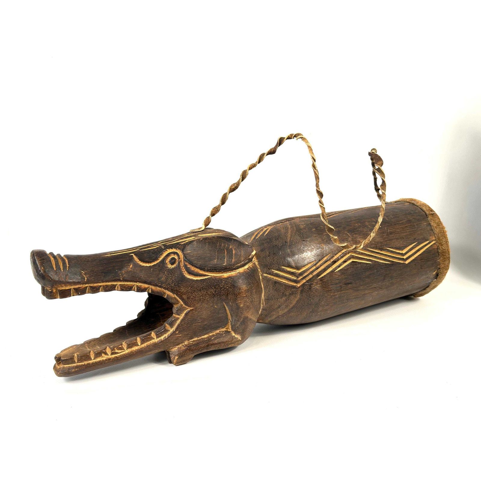 Hand Carved Wooden Crocodile Drum – Vintage African Tribal Percussion Instrument, 55 Cm