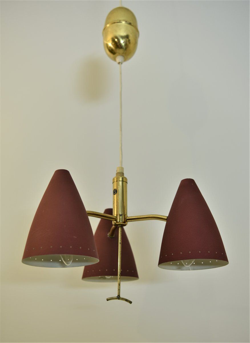 Swedish Modern Triple Pendant Lamp With Elevator Function, 1950s photo vinterior