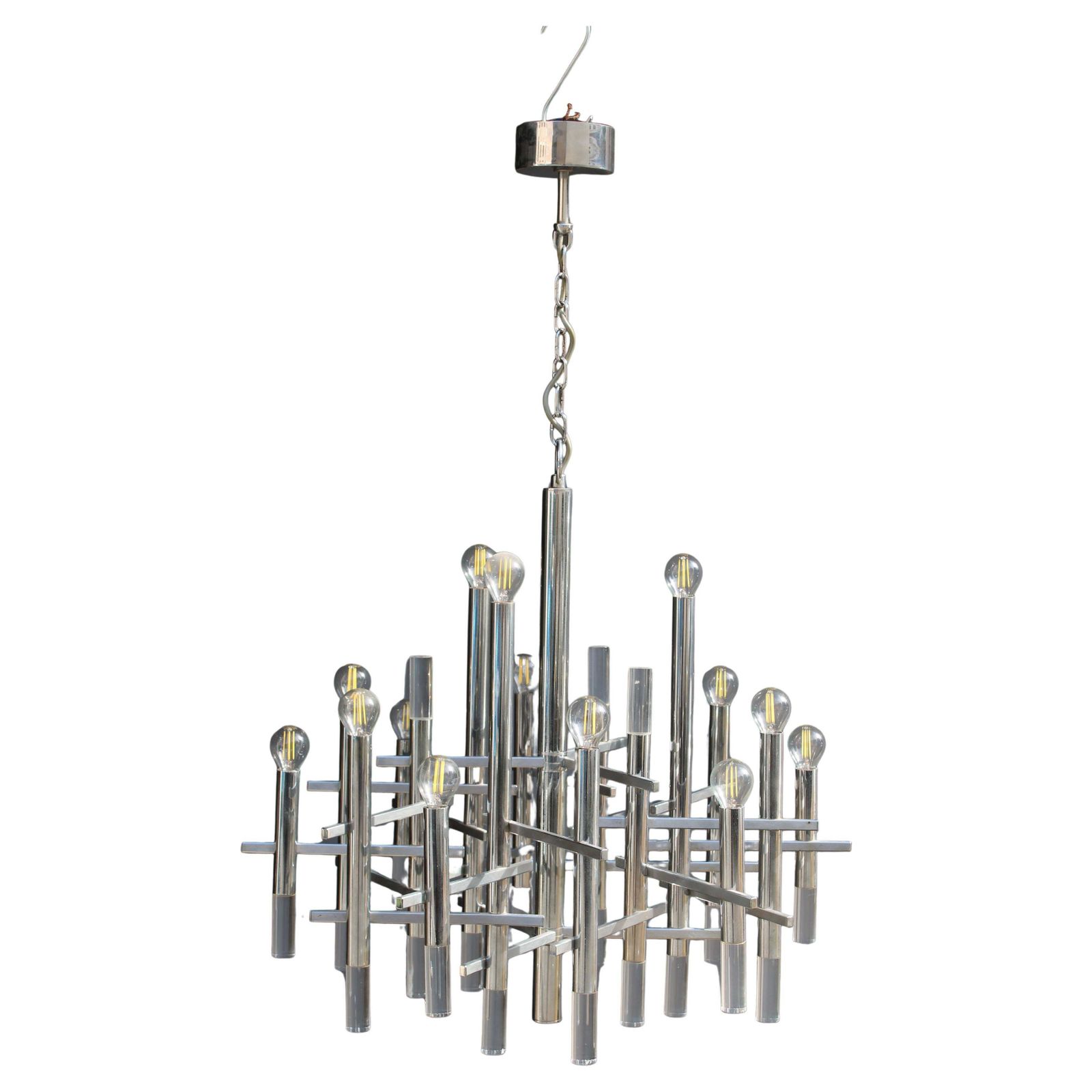 Sciolari Chandelier In Steel And Plexiglass 1970 Italy Minimalist Design