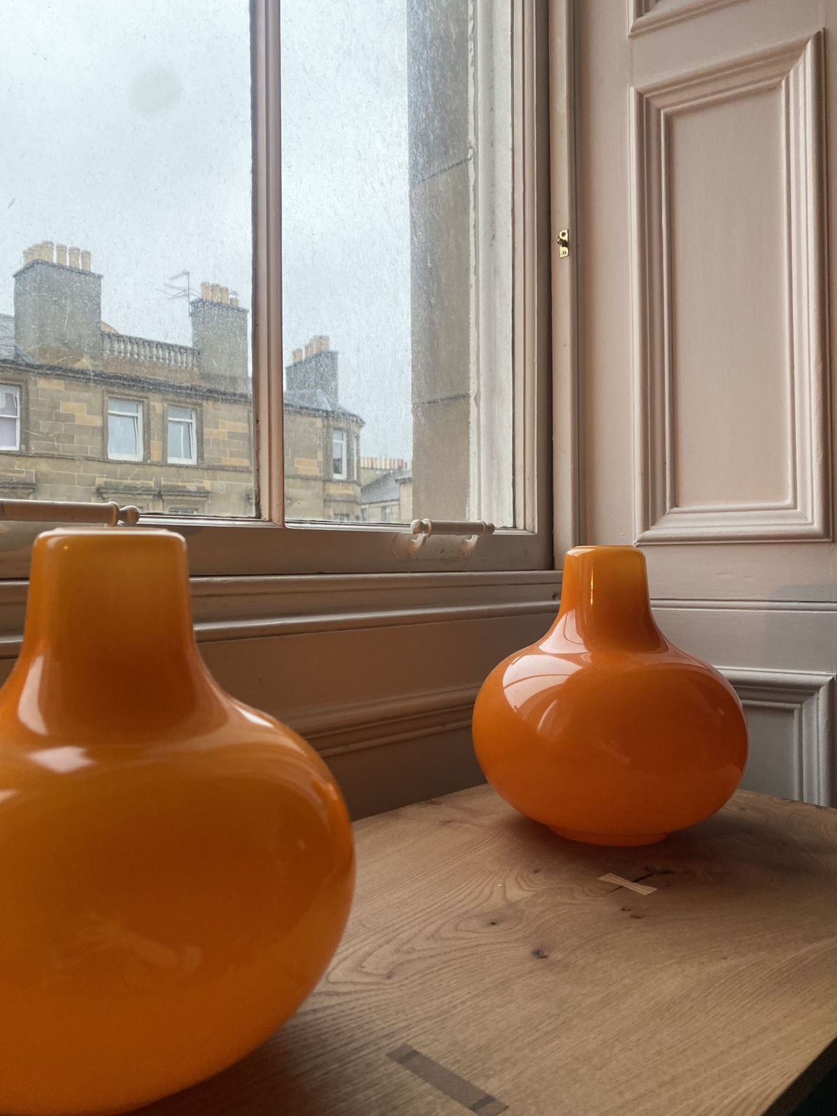 Pair Of Vintage Scandinavian Orange Glass Hanging Pendant Lamps Pear Shape 1960s photo for sale