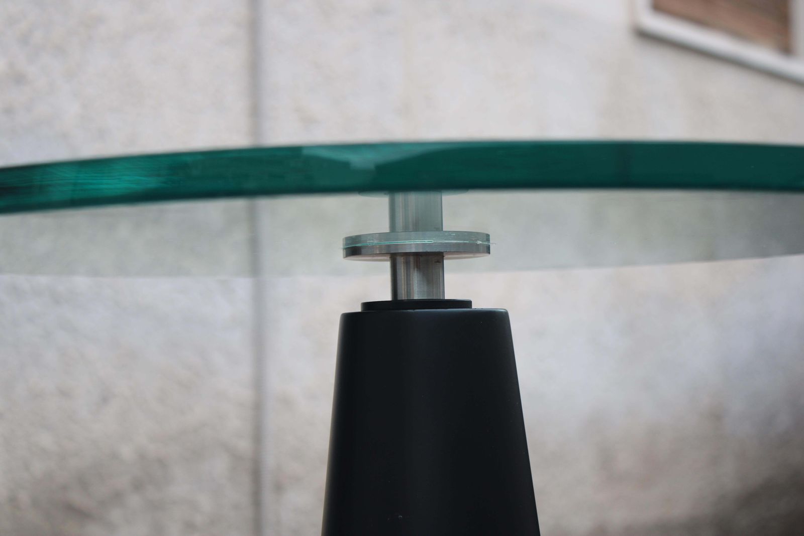photo for sale Gueridon Italian Shaft In Black Lacquered Conical Wood Thick Glass Top 1980