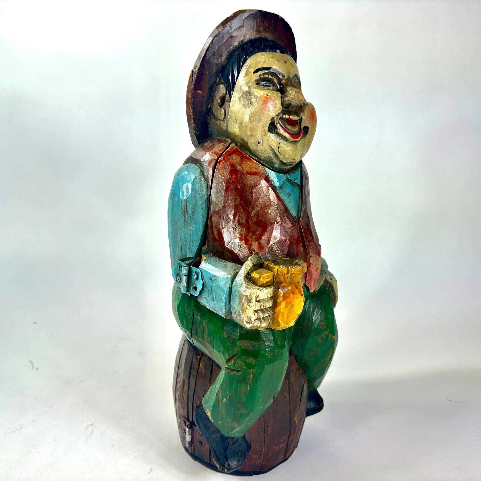 Vintage Hand Carved Wooden Wine Container – Jolly Man Figure Holding A Stein photo vintage