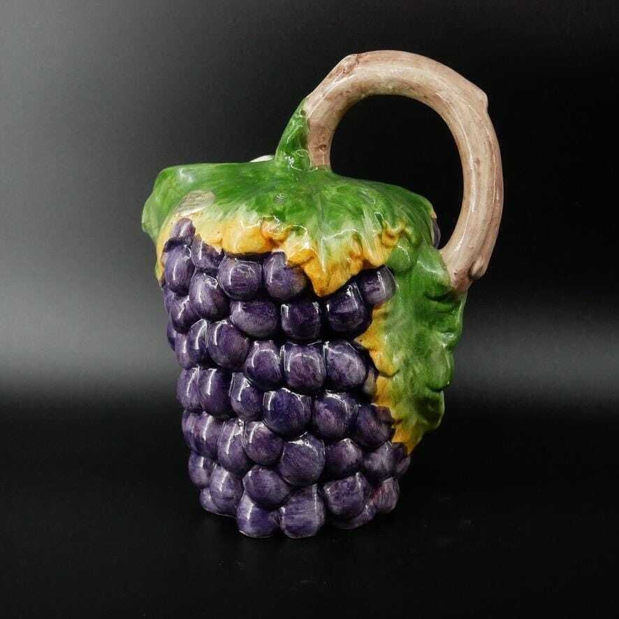 Vintage Majolica Jug, Hand Painted Blue Grapes & Vines, Made In Italy photo vinterior
