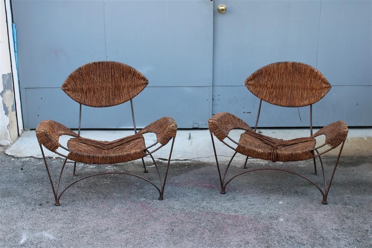 Pair Of Tom Dixon Banana Metal And Straw Cap Armchairs Italy 1980 photo furniture