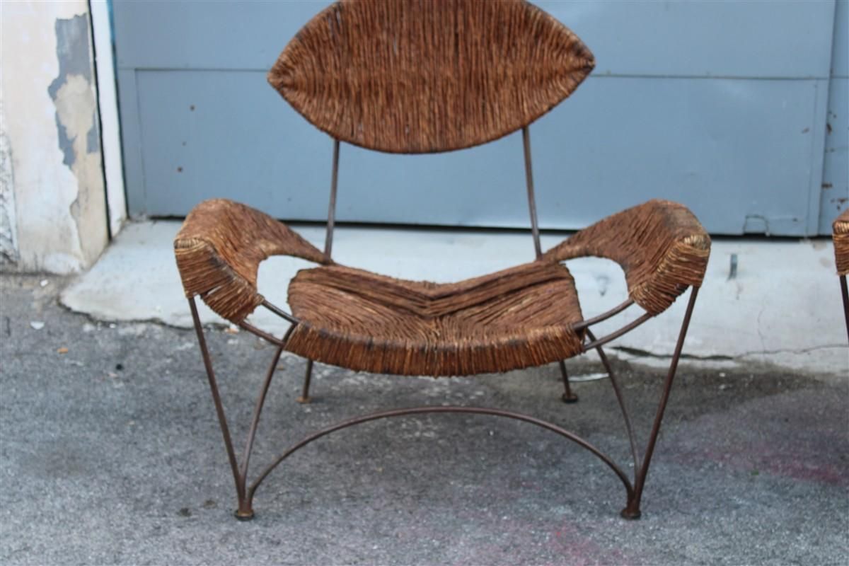 Pair Of Tom Dixon Banana Metal And Straw Cap Armchairs Italy 1980 photo Furniture
