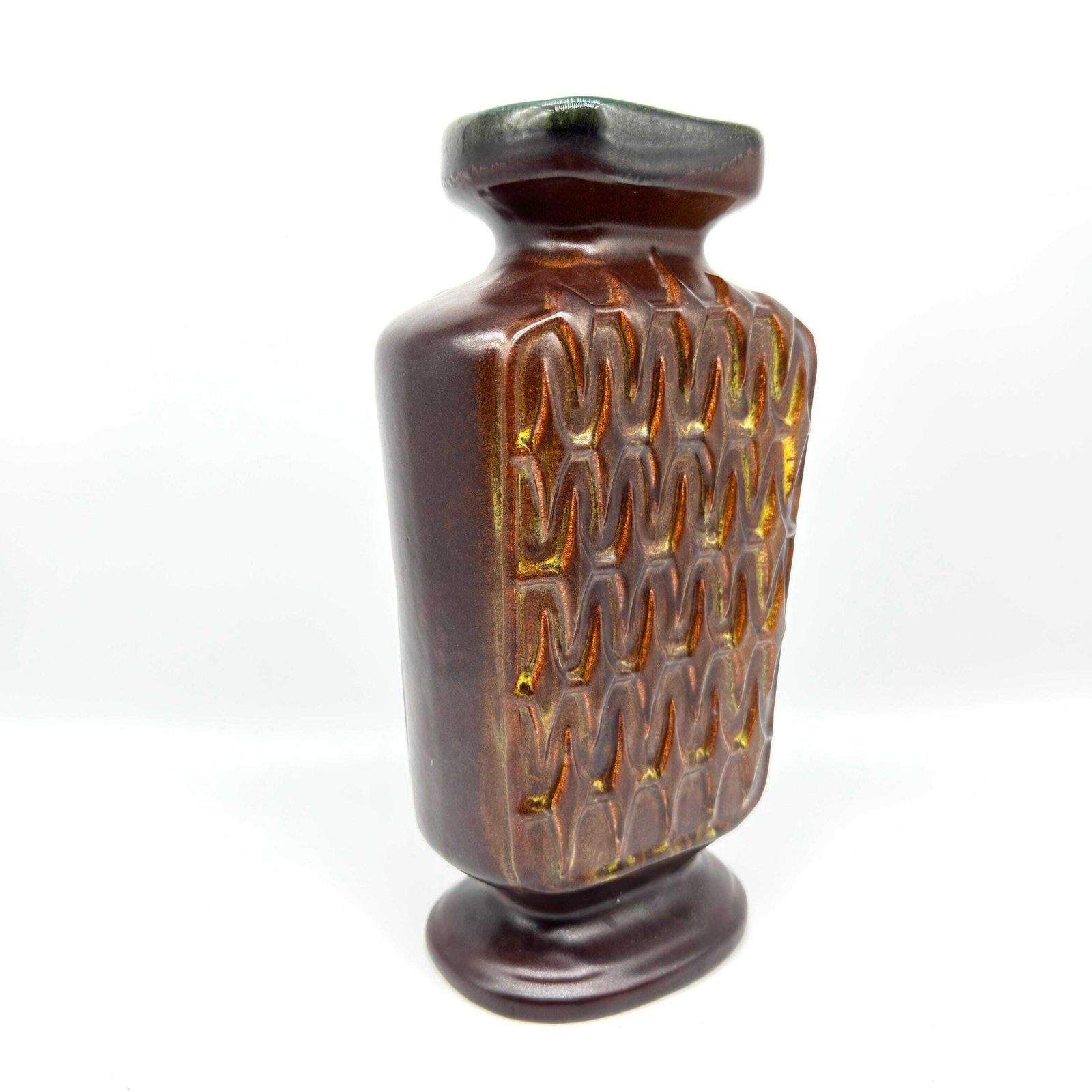 West German Art Pottery Vase – Scheurich 1250/28, 1970s Brown Chevron Glaze photo Home Decor