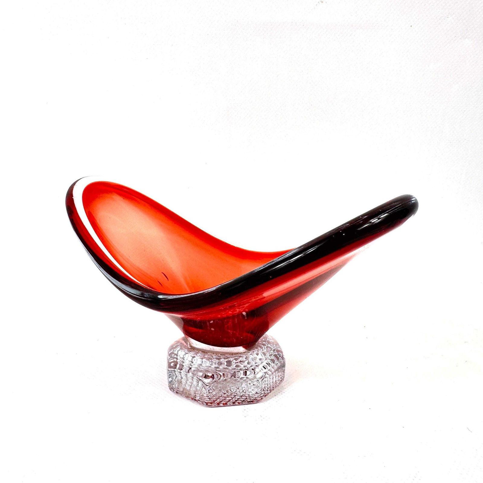 photo furniture Vintage Scandinavian Red Art Glass Bowl – Freeform Pedestal Design, Mid Century