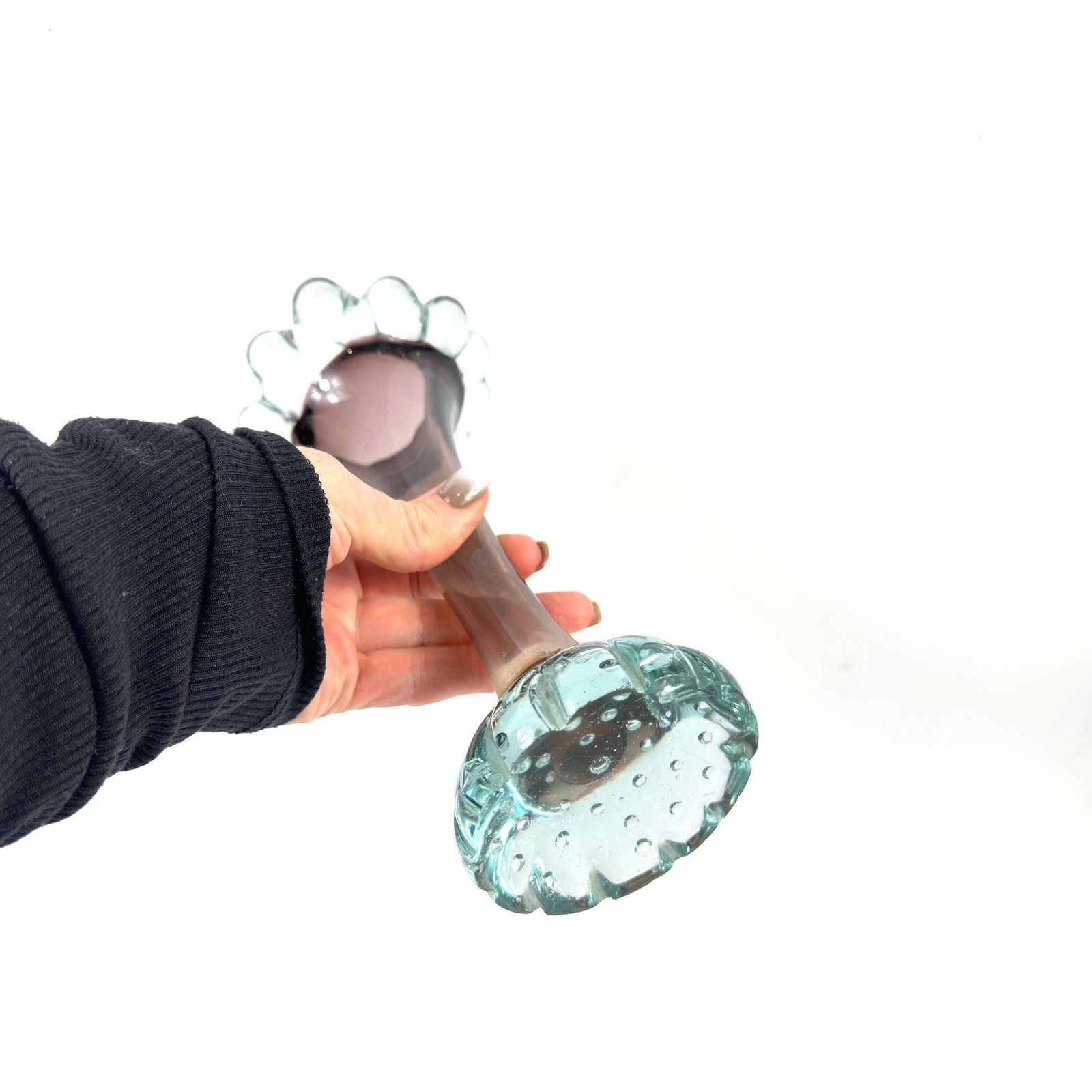 photo for sale 1960s åseda Glassworks Vase – Swedish Art Glass In Lilac And Aqua Bubble Rim Design