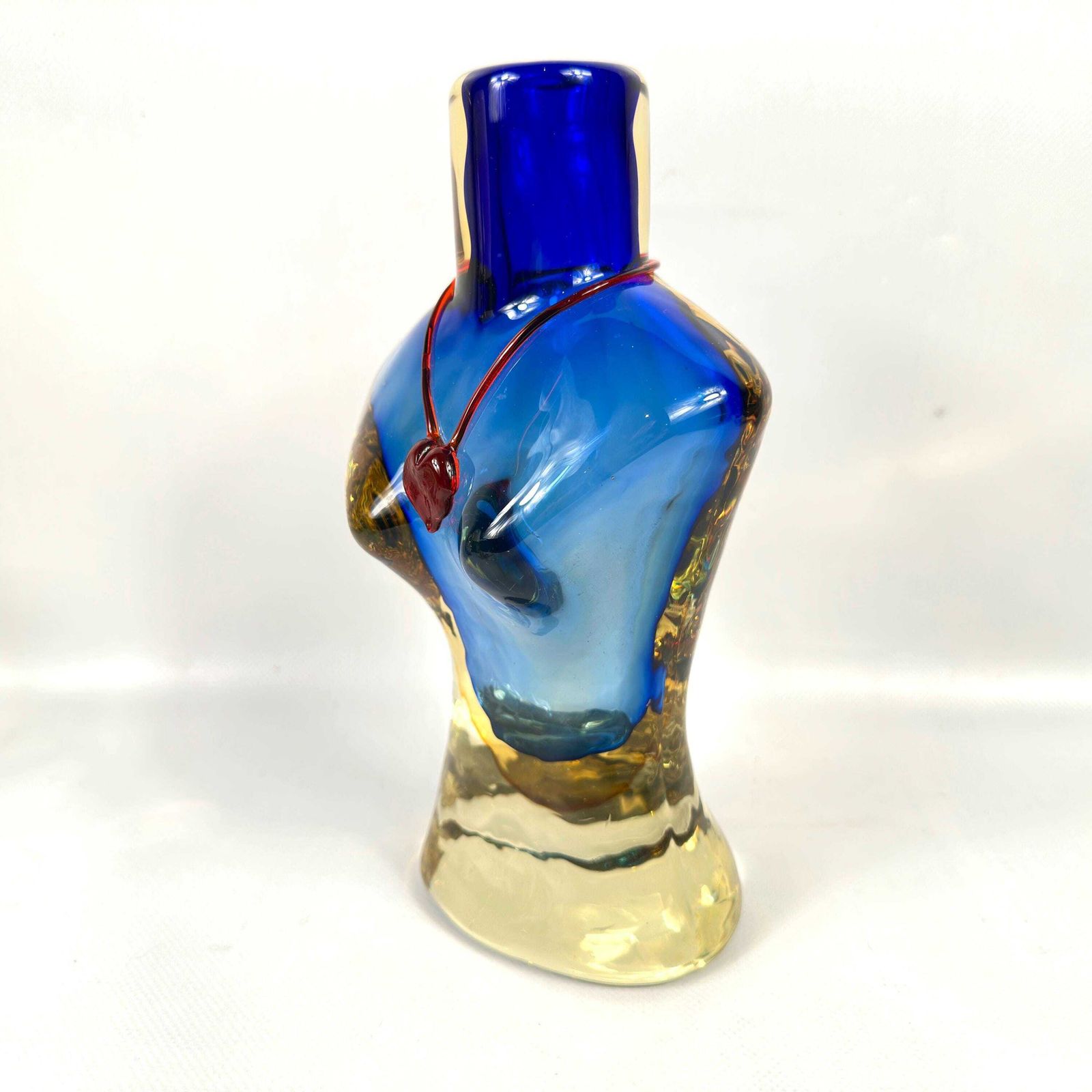 Scandinavian Art Glass Torso Vase – Hand Blown Glass With Red Heart Necklace, 1980s photo Home Decor