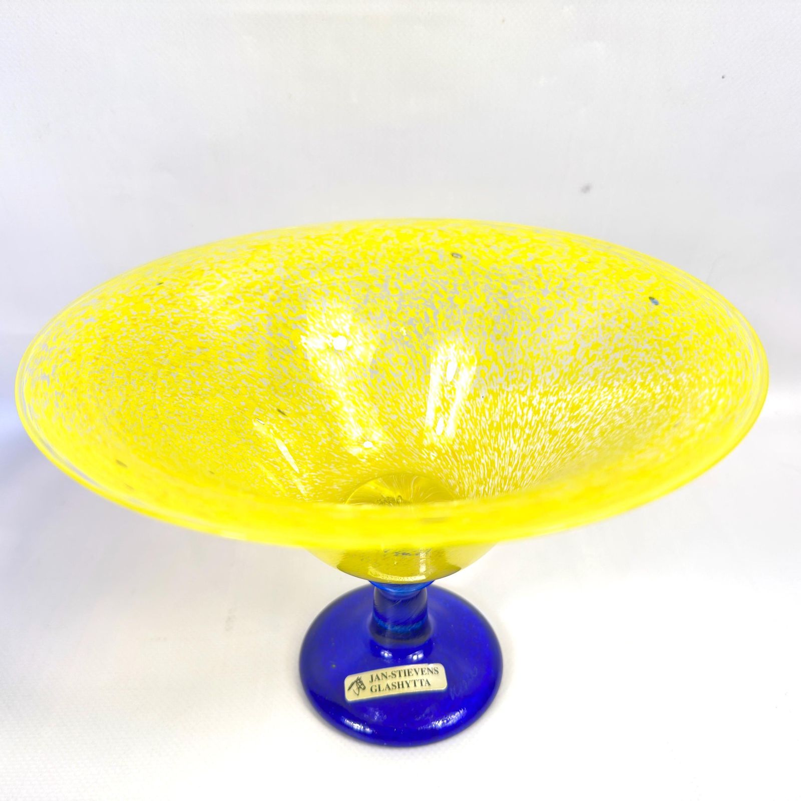 Scandinavian Art Glass Bowl – Jan Stievens Cobalt Blue & Yellow Pedestal photo furniture