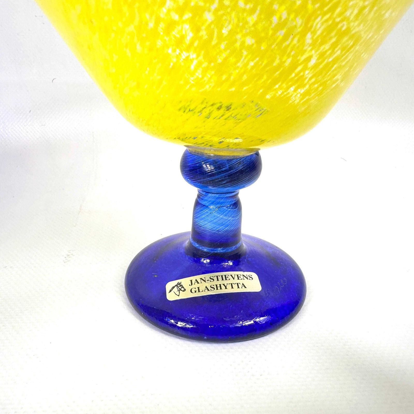 Scandinavian Art Glass Bowl – Jan Stievens Cobalt Blue & Yellow Pedestal photo Home Decor
