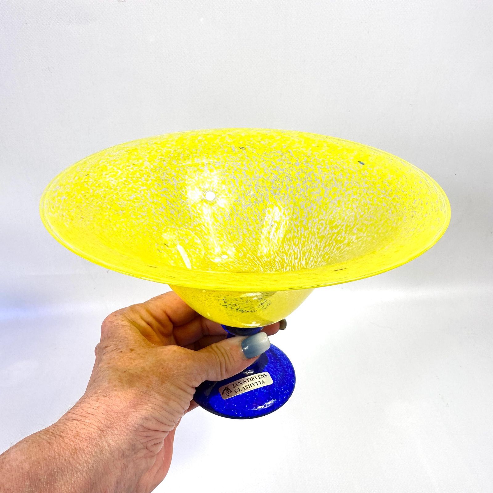 Scandinavian Art Glass Bowl – Jan Stievens Cobalt Blue & Yellow Pedestal photo buy