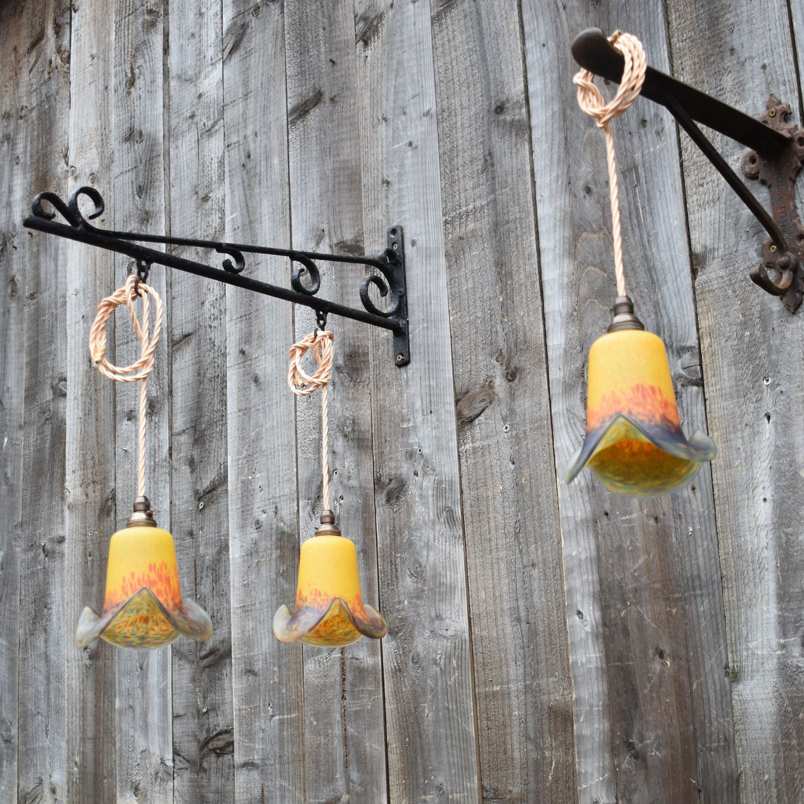 Antique Rare Vianne Art De France Tulip Glass Pendent Downlights Set Of Three photo Lighting