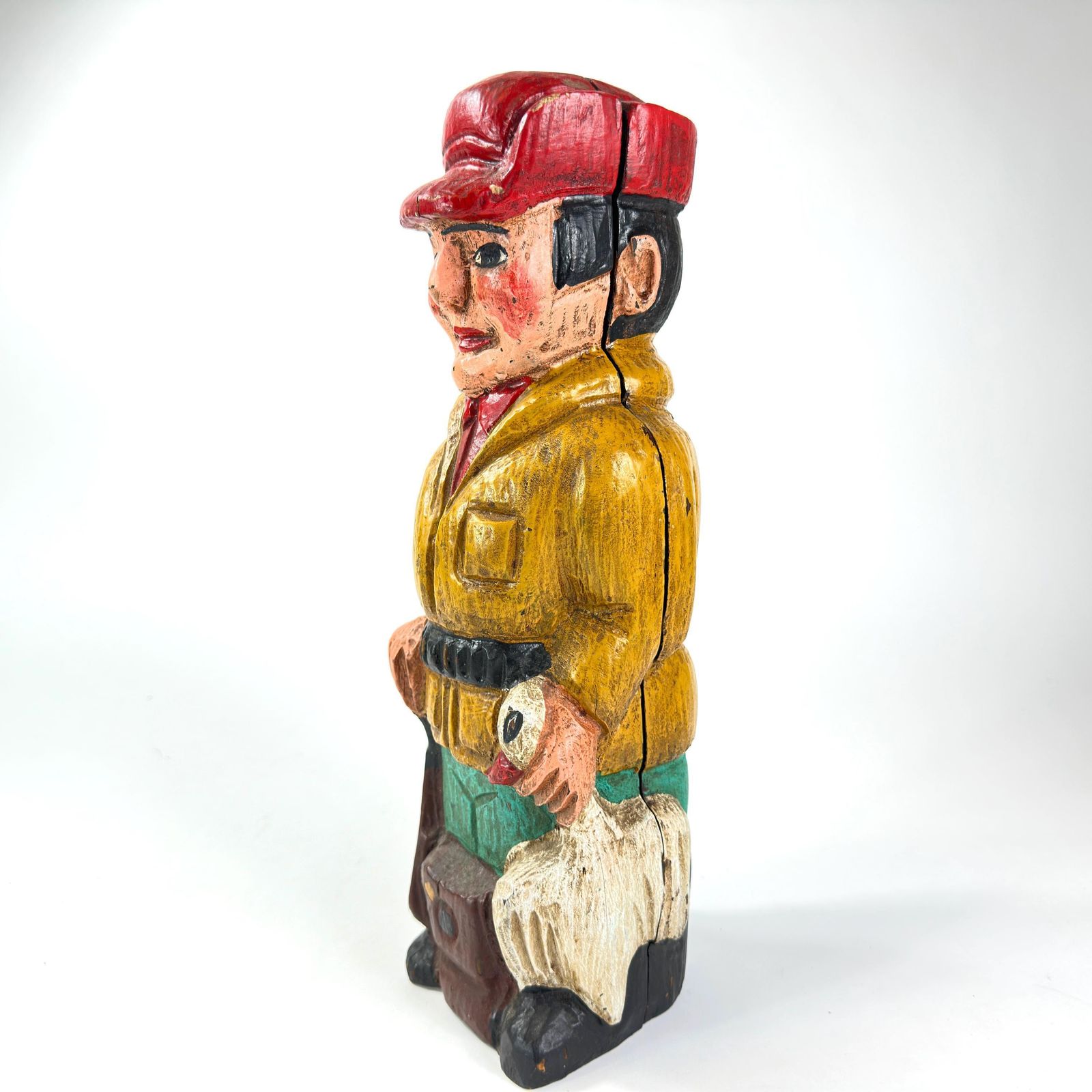 Antique Hand Carved Wine Bottle Box – Huntsman, Folk Art Barware C.1940s photo for sale