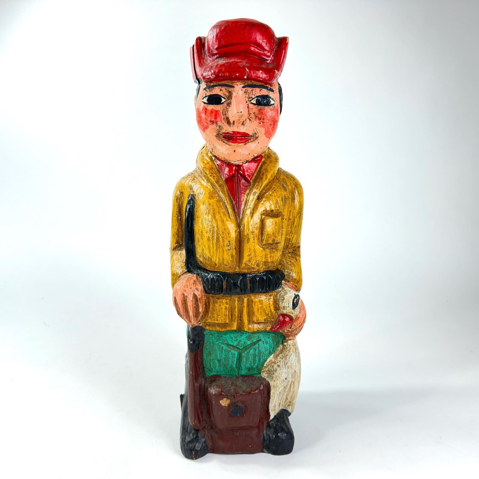 Antique Hand Carved Wine Bottle Box – Huntsman, Folk Art Barware C.1940s photo buy