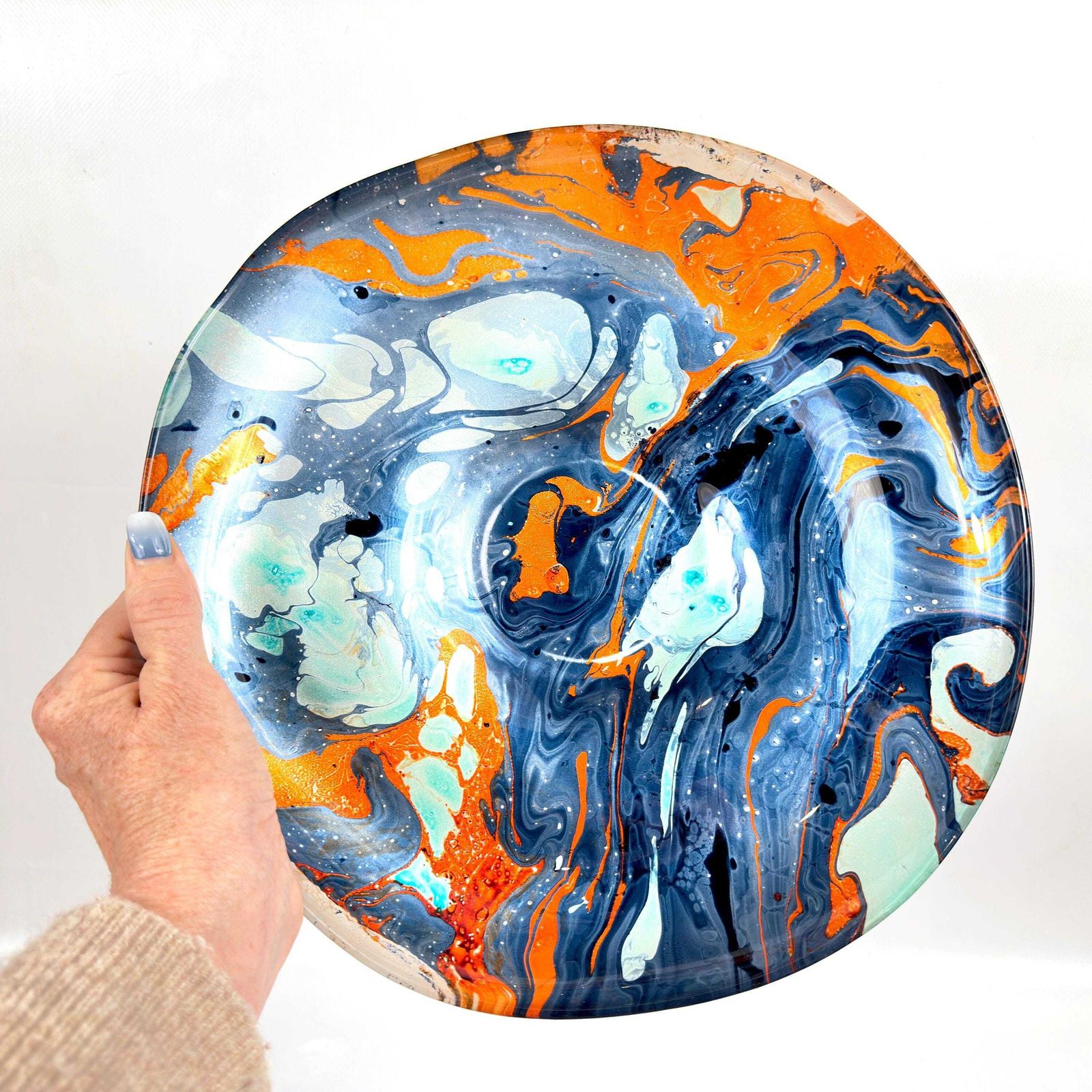 Scandinavian Art Glass Bowl – Large Centrepiece With Blue, Aqua & Orange Marbling, 30.5 Cm photo furniture
