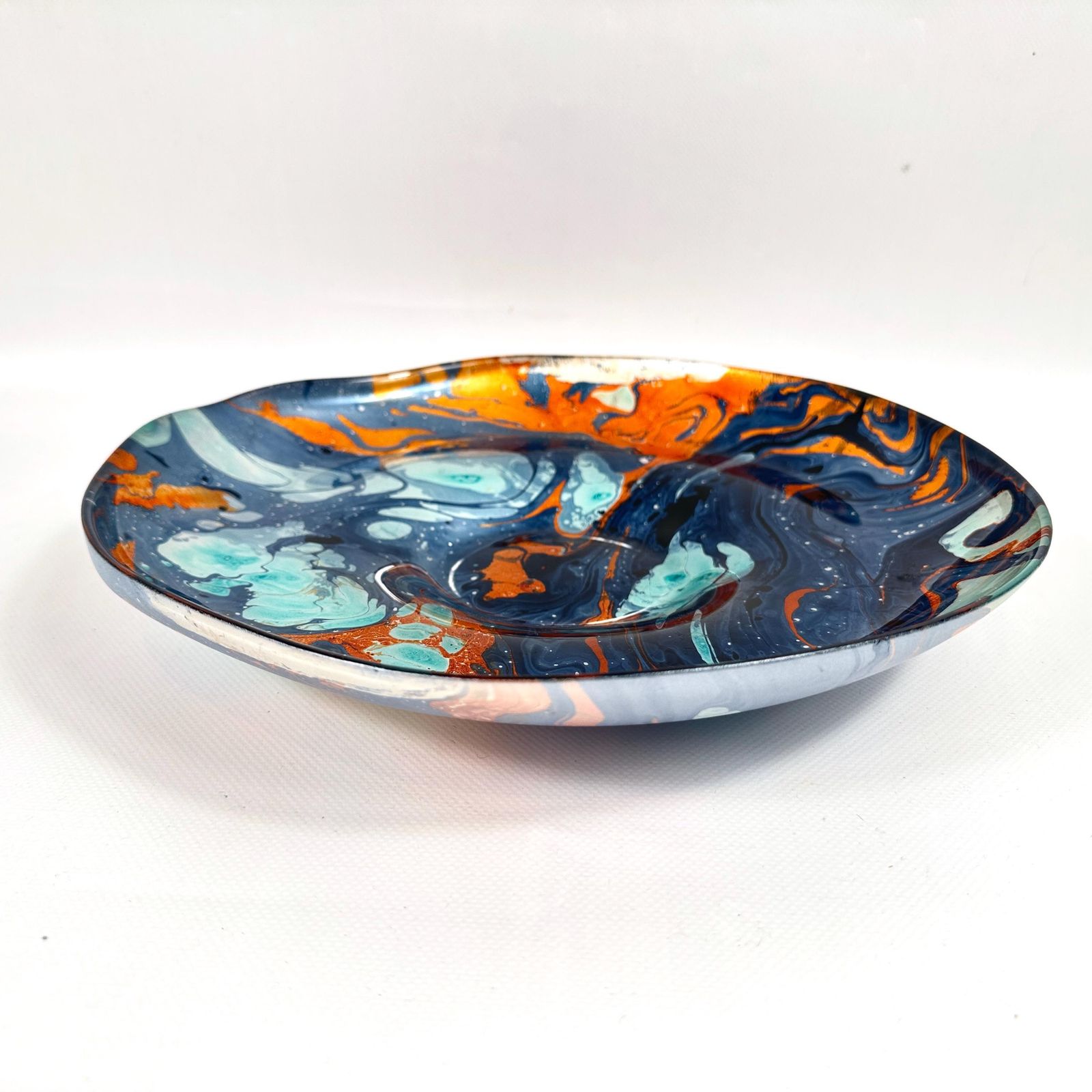 Scandinavian Art Glass Bowl – Large Centrepiece With Blue, Aqua & Orange Marbling, 30.5 Cm photo for sale