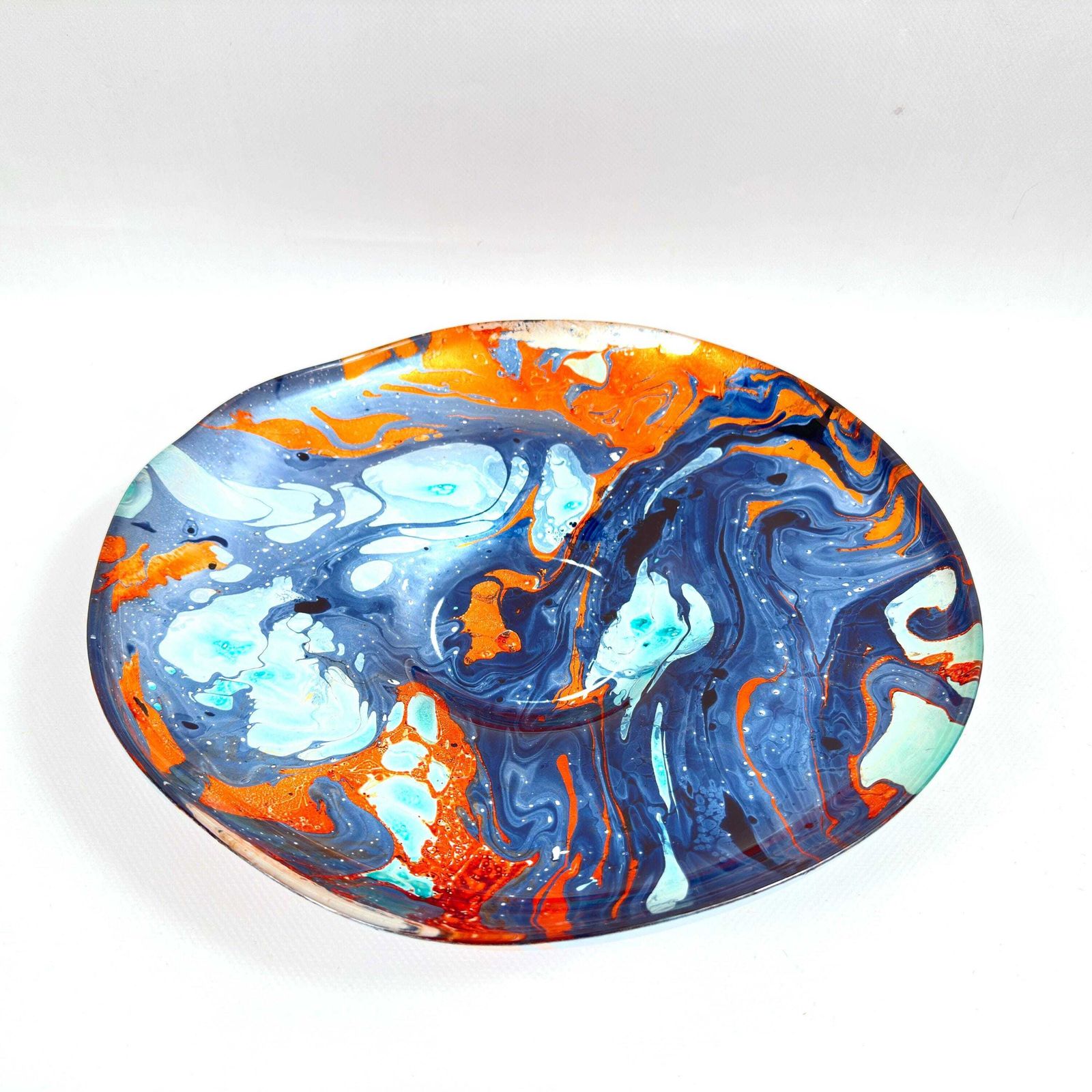 Scandinavian Art Glass Bowl – Large Centrepiece With Blue, Aqua & Orange Marbling, 30.5 Cm photo Home Decor