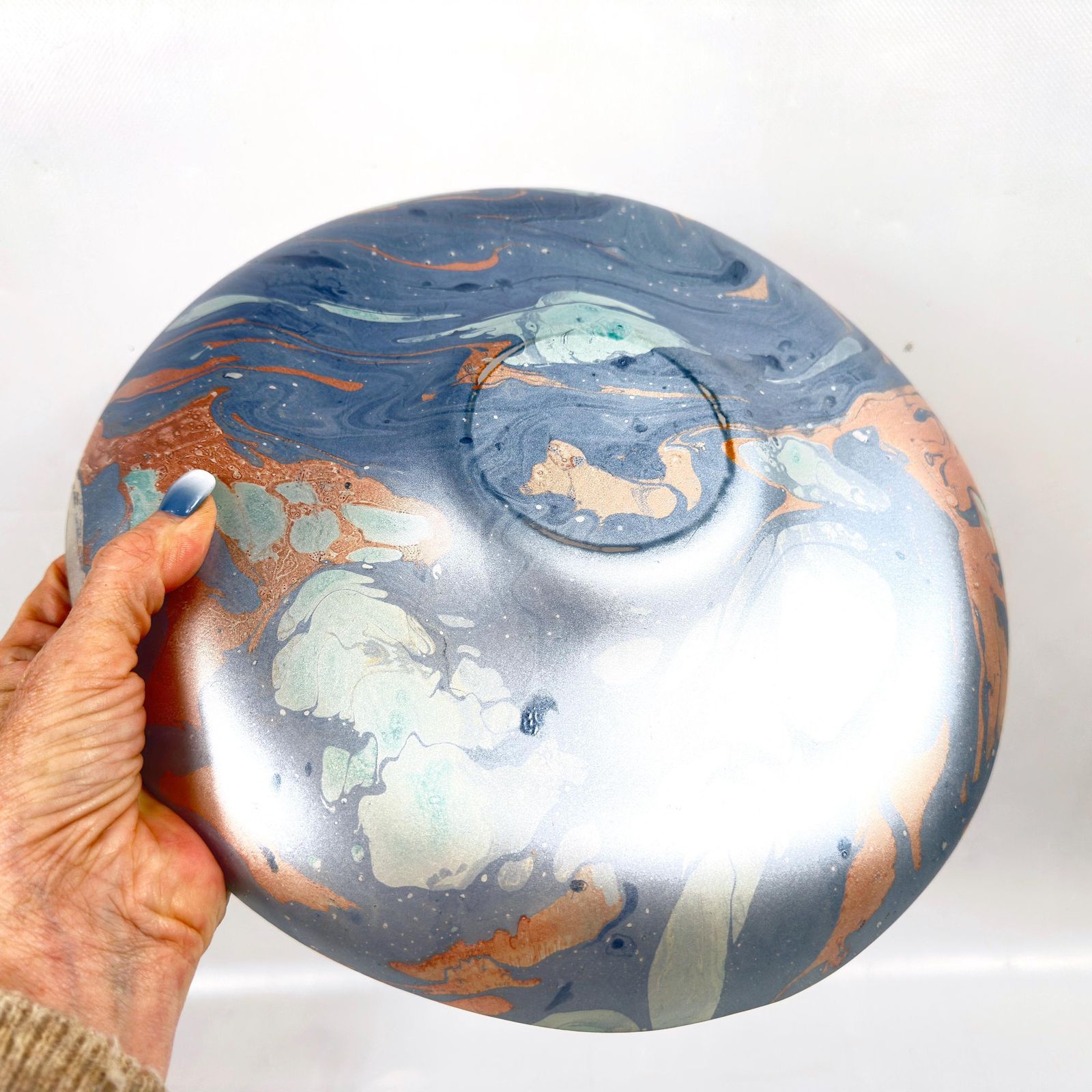 Scandinavian Art Glass Bowl – Large Centrepiece With Blue, Aqua & Orange Marbling, 30.5 Cm photo buy