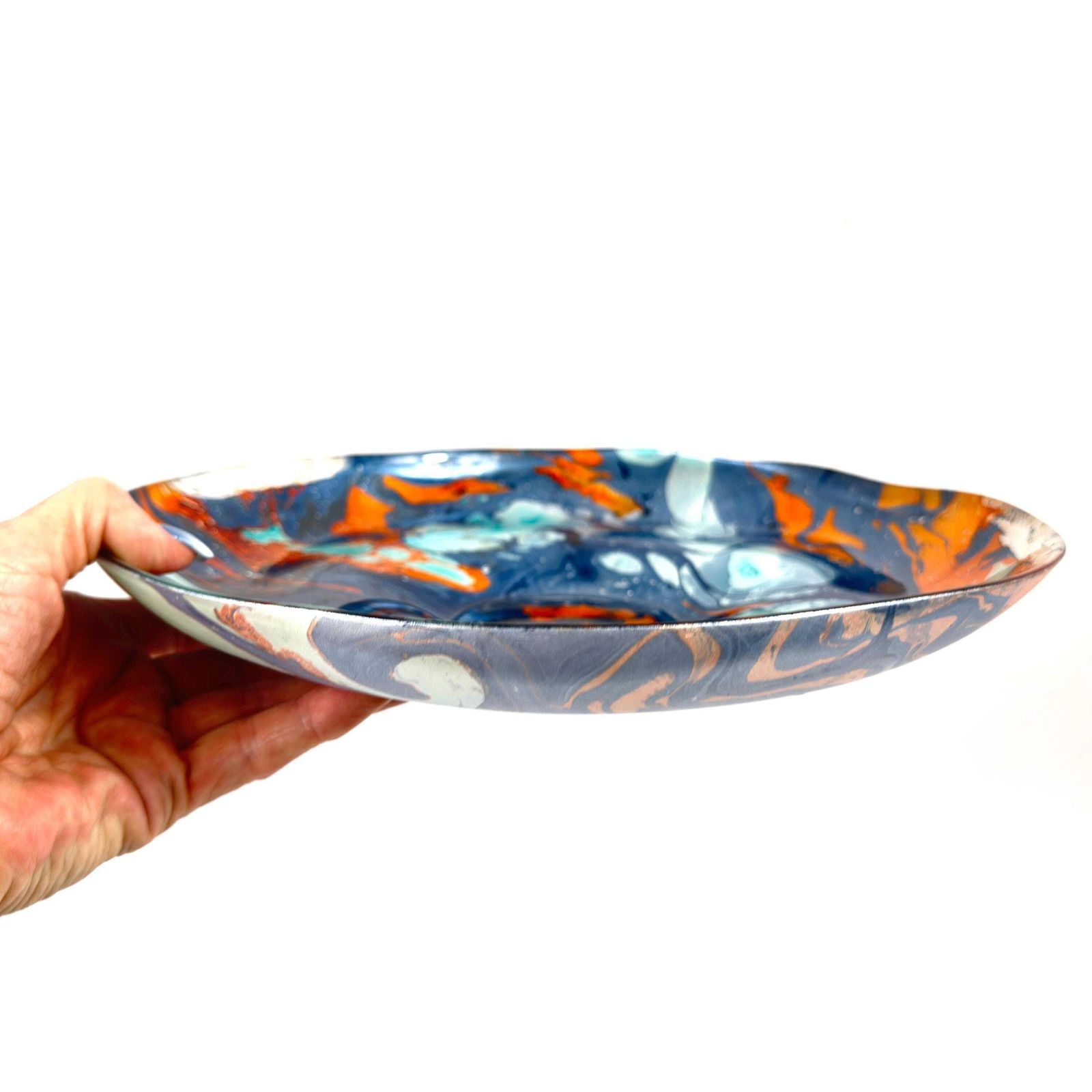 Scandinavian Art Glass Bowl – Large Centrepiece With Blue, Aqua & Orange Marbling, 30.5 Cm photo vintage