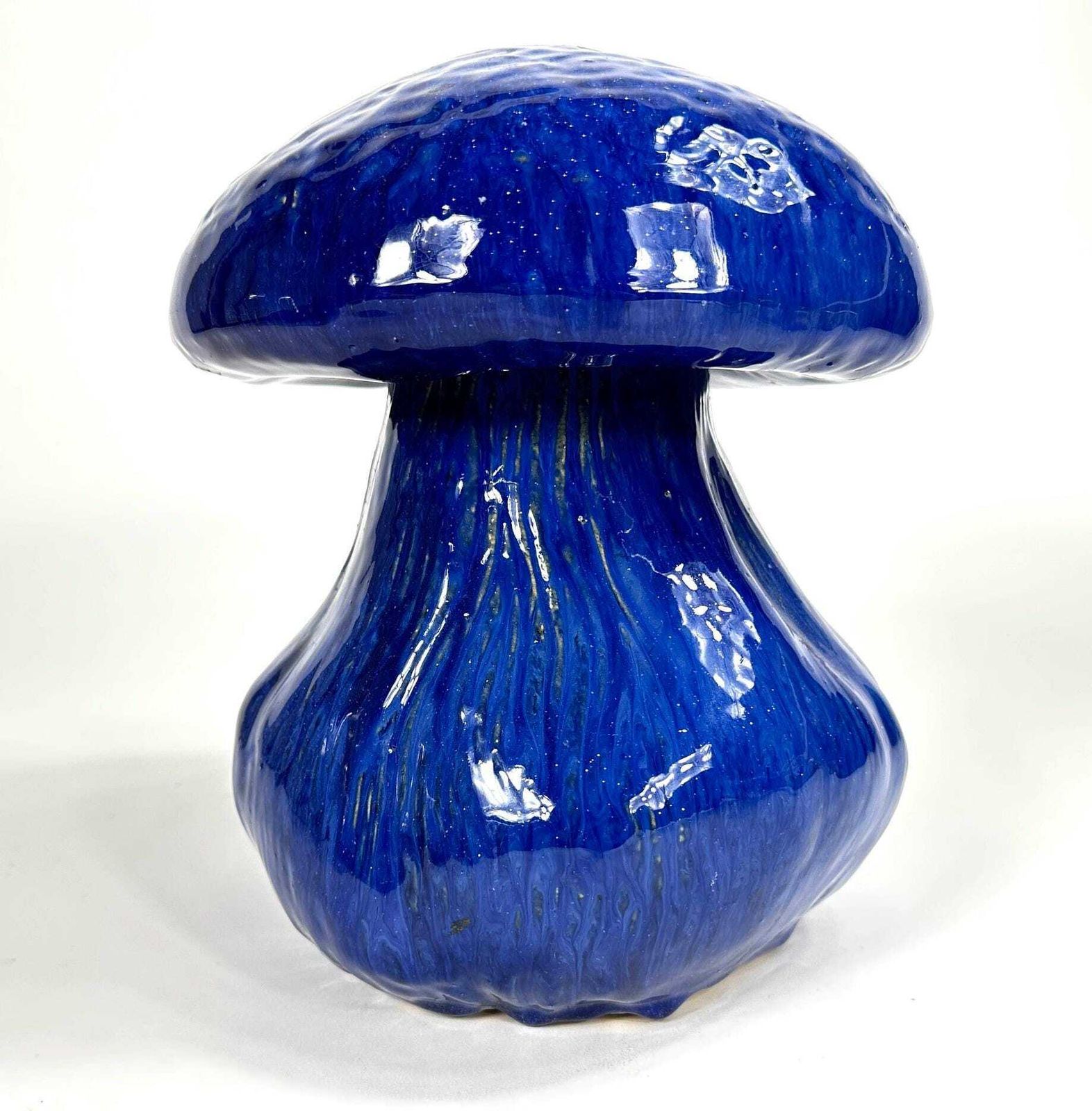 Vintage Ceramic Mushroom Ornament – Extra Large Cobalt Blue Garden Decor, 1990s Glazed Pottery Sculpture