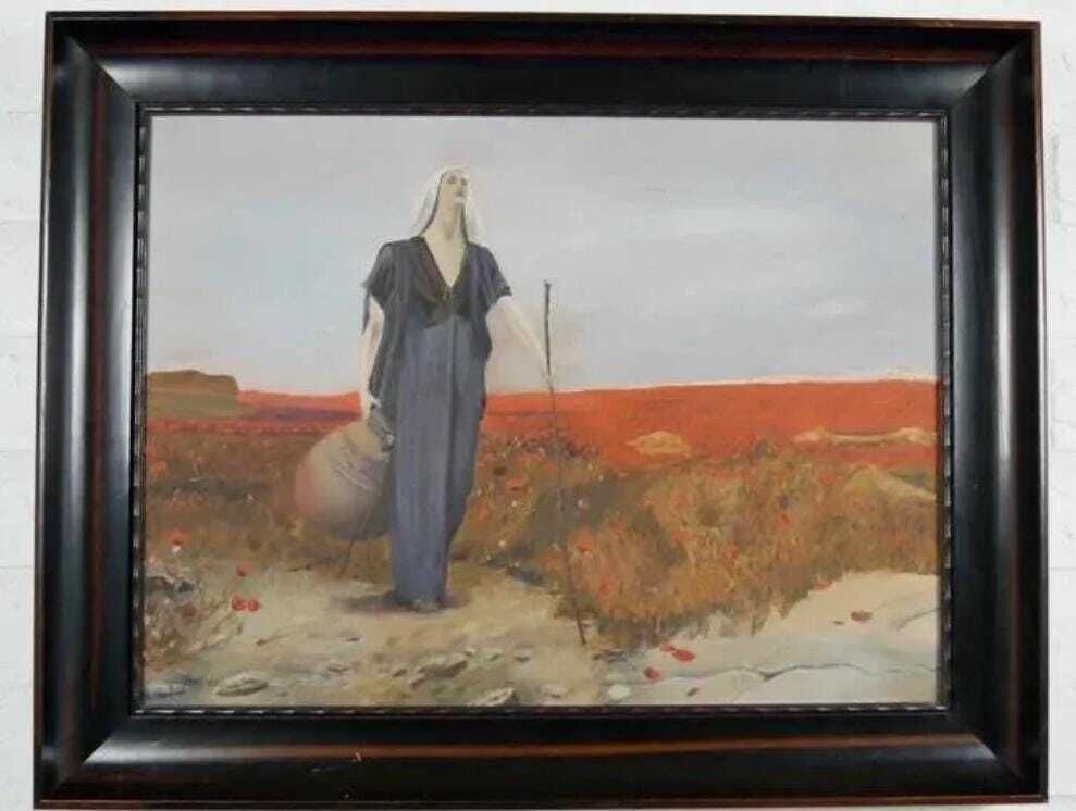Mid Century Vintage Original Religious Oil Painting – "The Blind Woman In A Poppy Field"