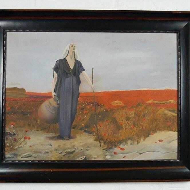 Mid Century Vintage Original Religious Oil Painting – "The Blind Woman In A Poppy Field" photo furniture